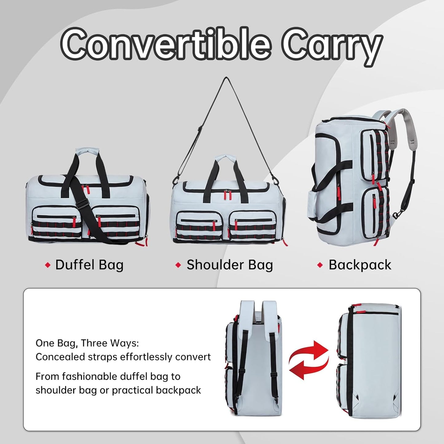 Gym Bag for Men Women, 3-in-1 Weekender Overnight Backpack Carry On, Sports Travel Duffel Bag with Webbing System, Water Resistant, Grey