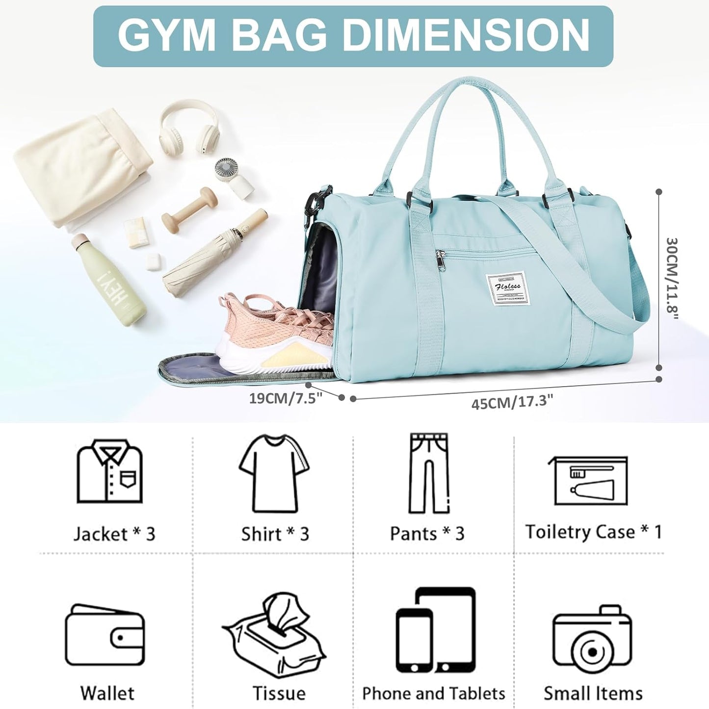 Gym Bag for Women with Shoes Compartment,Small Travel Duffel Bag with Toiletry Bags Sport Tote Overnight Weekender Carry on Personal Item Bags for Airlines Ligh Blue