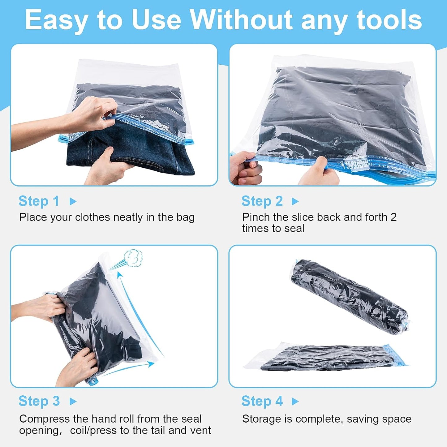 10 PCS Compression Bags for Travel Essentials, 3 Sizes Space Saver Bags, No Vacuum or Pump Needed, Roll Up Vacuum Packing for Clothing Storage, Cruise Accessories, Luggage & Home Organizers