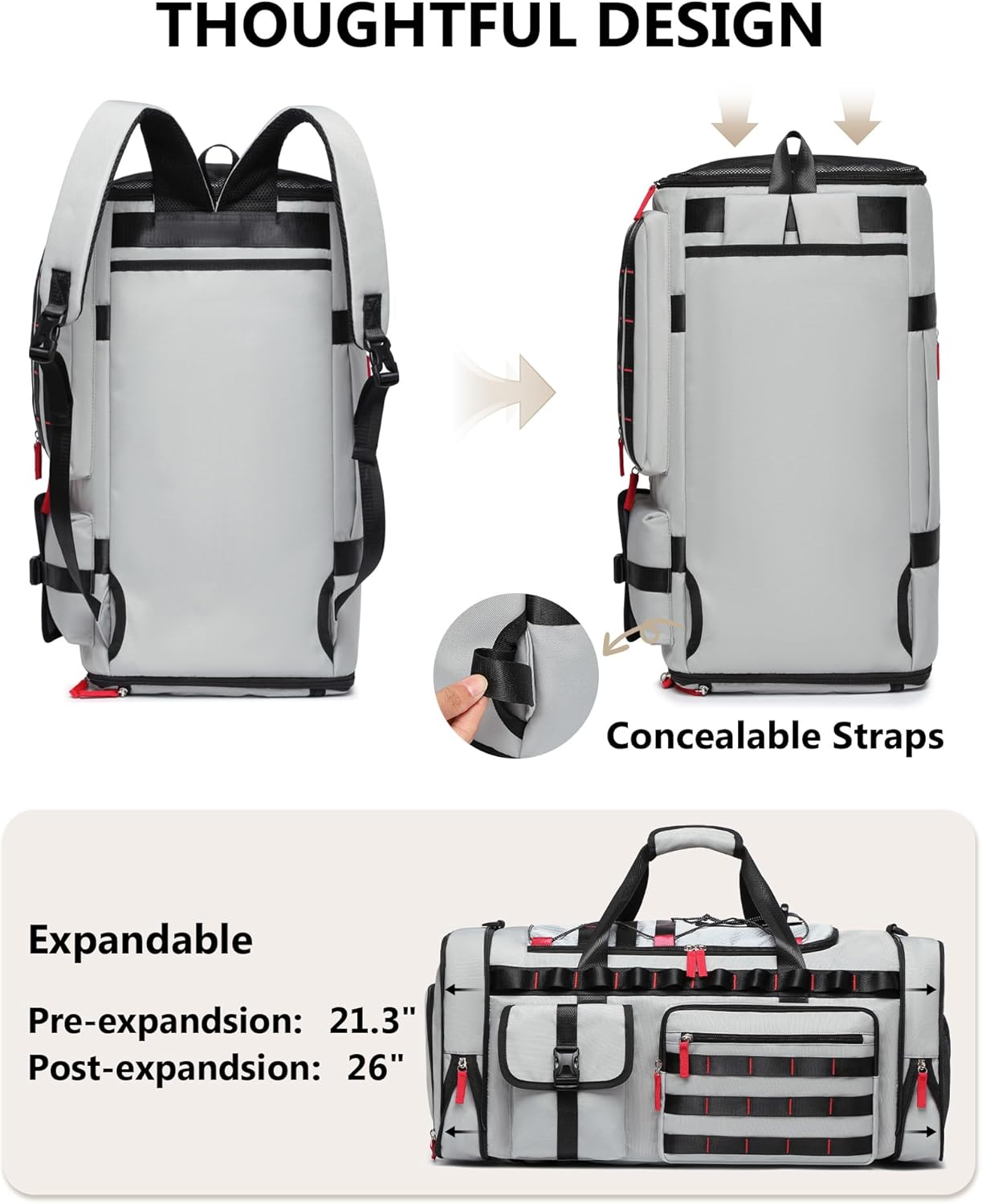 MCBD Gym Bags for Men & Women, 45L Travel Duffle Sports Backpack with Shoes & Laptop Compartment, Large Workout Carry On Bag Weekender Overnight Tote, Grey