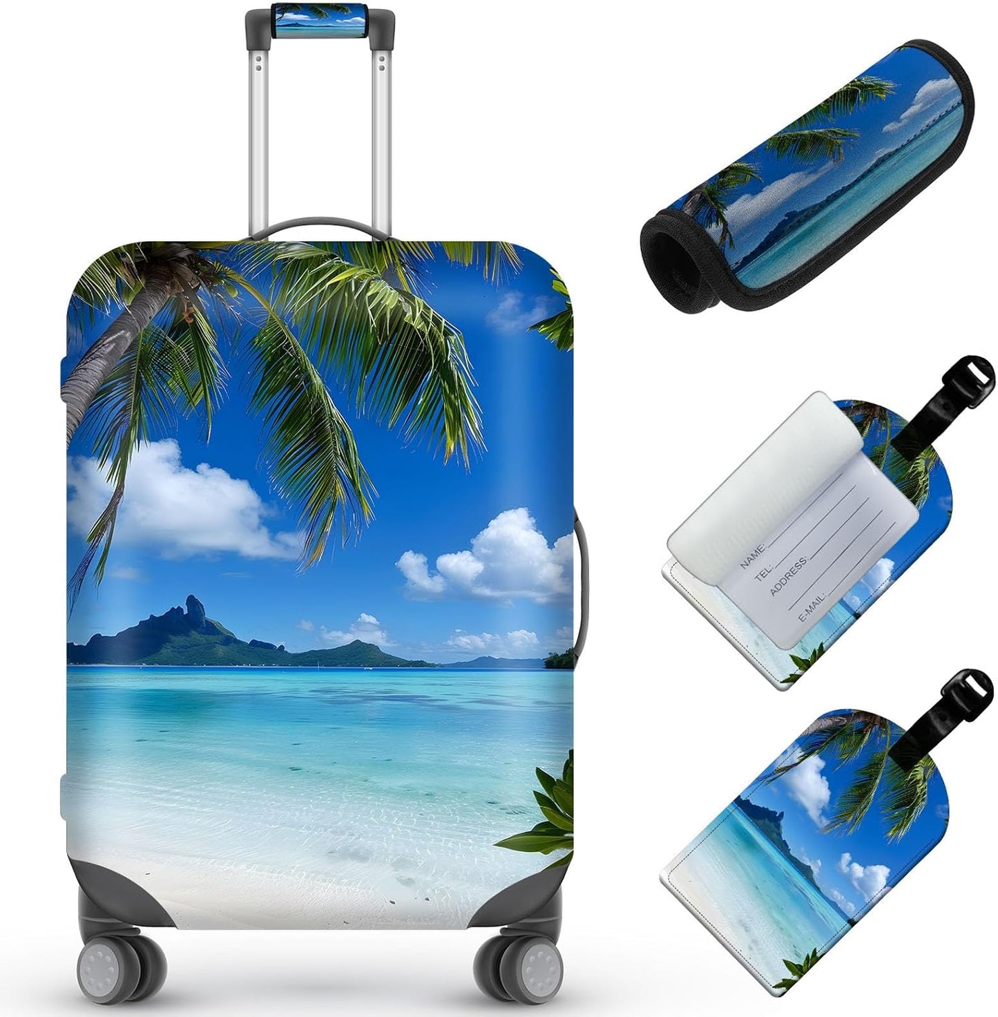 Travel Luggage Cover,Beautiful BeachTheme Suitcase Cover Accessory Kit, Luggage Tag, and Comfortable Luggage Handle Wrap, Washable Luggage Suitcase Protector (25-28 inch,L)