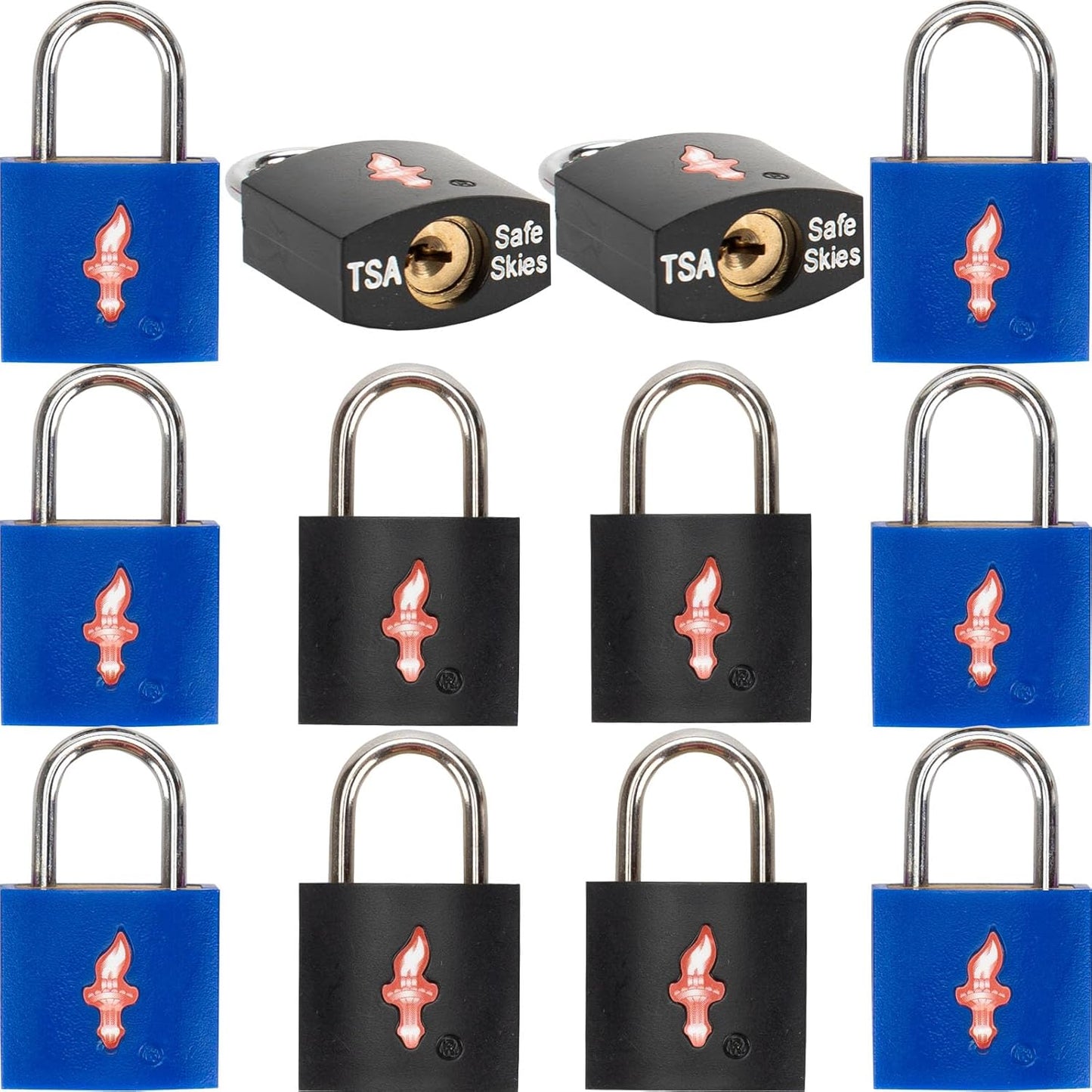 12 Pack 11/12 Inch Wide TSA Luggage Lock for Luggage, Suitcases & Gun Cases - Solid Brass Security Lock with Colored Shell (12 Colors: Black/Blue)