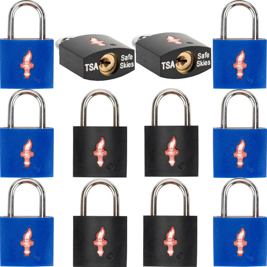 12 Pack 11/12 Inch Wide TSA Luggage Lock for Luggage, Suitcases & Gun Cases - Solid Brass Security Lock with Colored Shell (12 Colors: Black/Blue)