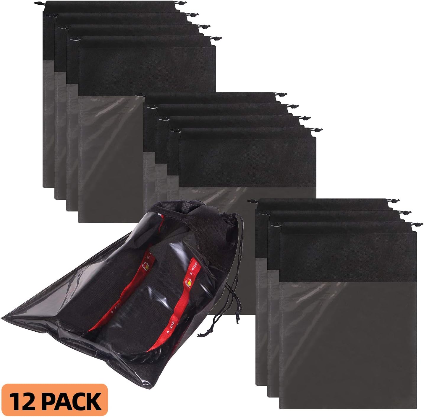 12 Pack Portable Shoe Bags for Travel Large Shoes Pouch Storage Organizer Clear Window with Drawstring for Men and Women Black
