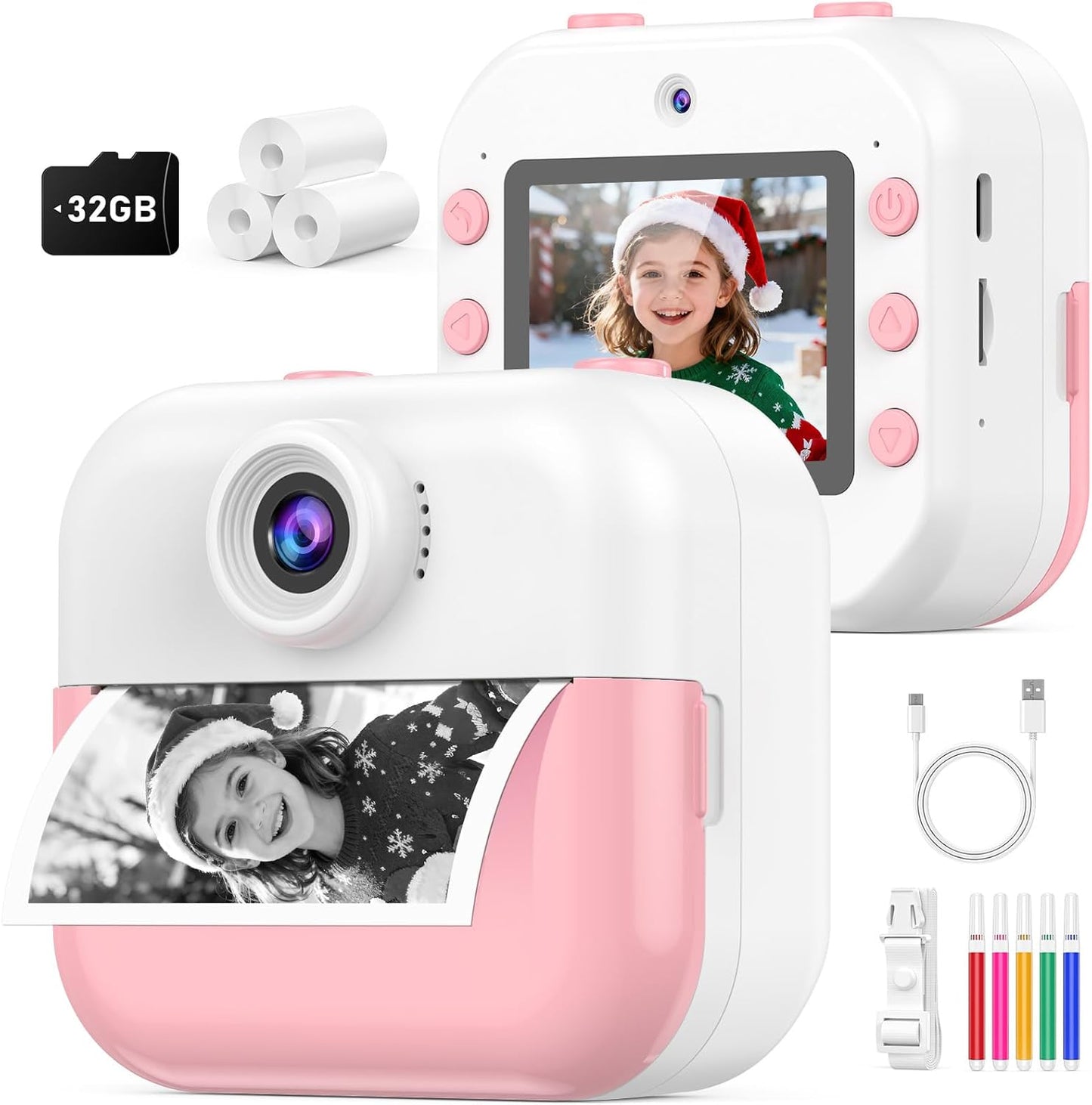 Instant Print Front Rear Dual Selfie Kids Camera for Kids Christmas Birthday Gifts for Girls Age 3-12 Portable Toys for 3 4 5 6 7 8 9 10 Year Old Girl with 32GB SD Card Digital Camera