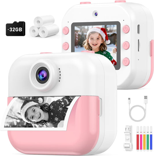 Instant Print Front Rear Dual Selfie Kids Camera for Kids Christmas Birthday Gifts for Girls Age 3-12 Portable Toys for 3 4 5 6 7 8 9 10 Year Old Girl with 32GB SD Card Digital Camera