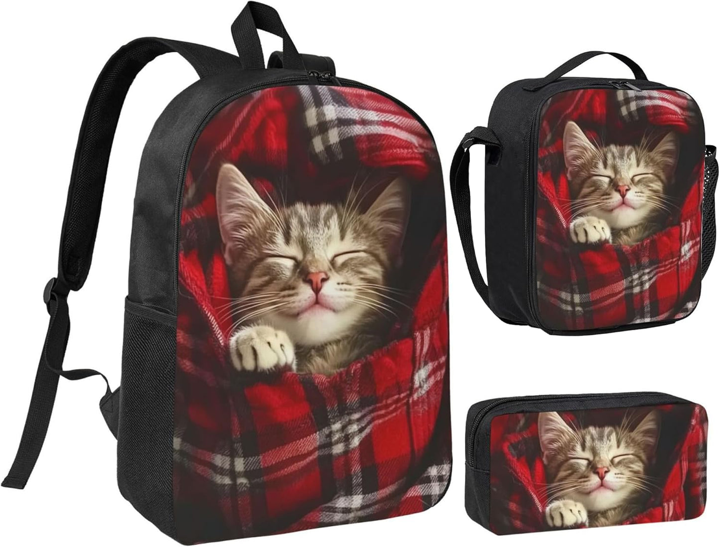 Cat Kid Backpack Set with Lunch Bag & Pencil Case Large Capacity School Bag 17 Inch Bookbag for Boy Girl