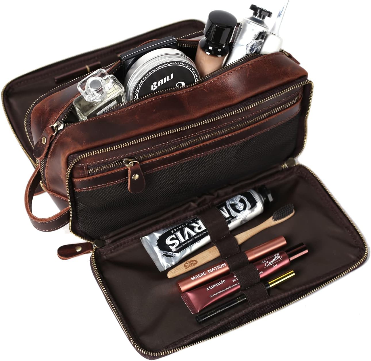 Personalized Leather Toiletry Bag for Men Travel Shaving Dopp Kit-Large Cosmetic Bags Toiletries Bathroom Organizer (Coffee(full grain leather))