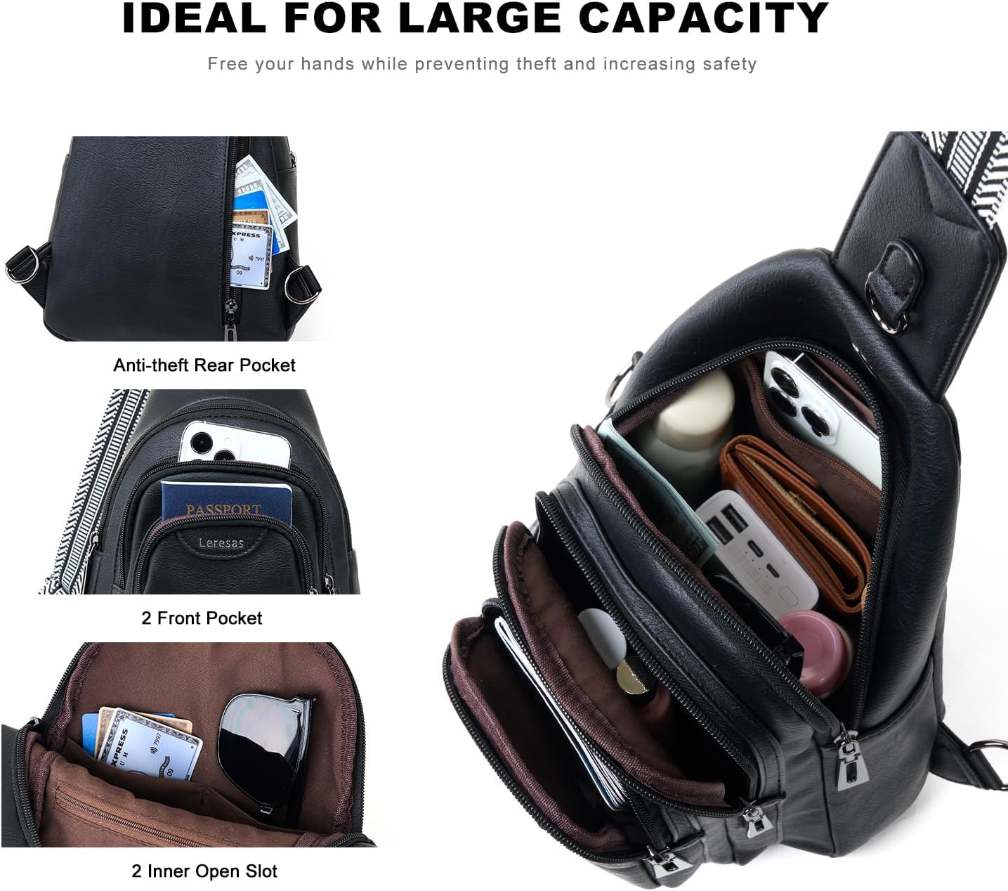 10L Crossbody Sling Bag for Women Men Anti Theft Cross Body Fanny Pack Belt Bag Purse Gifts for Women Faux Leather, Black