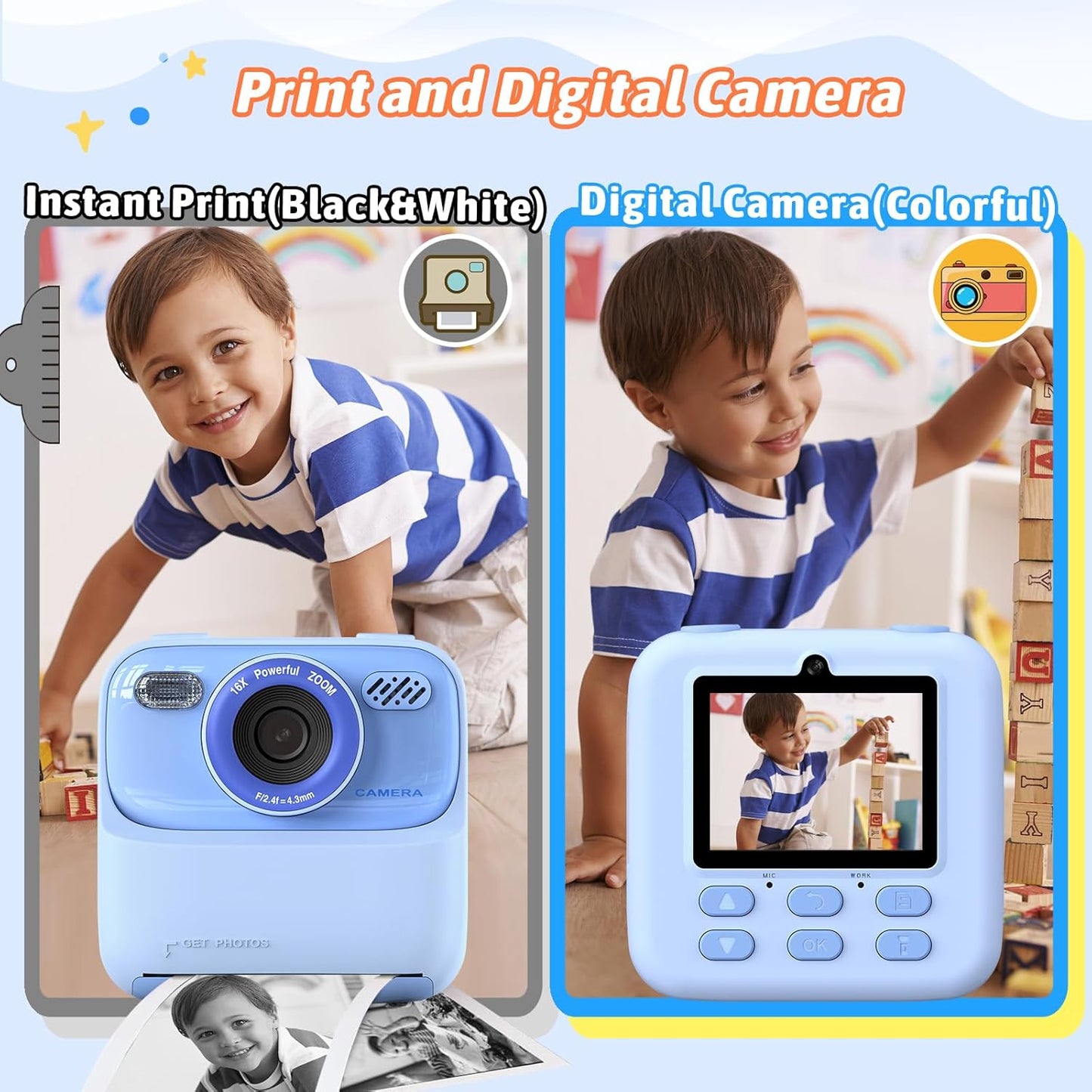 Kids Instant Digital Cameras for Boys and Girls, 1080P HD Dual-Lens Selfie Digital Camera with Print Paper & 32G Card, Christmas Birthday Gifts Toys for Toddler and Teenagers Age 3-16 Years Old