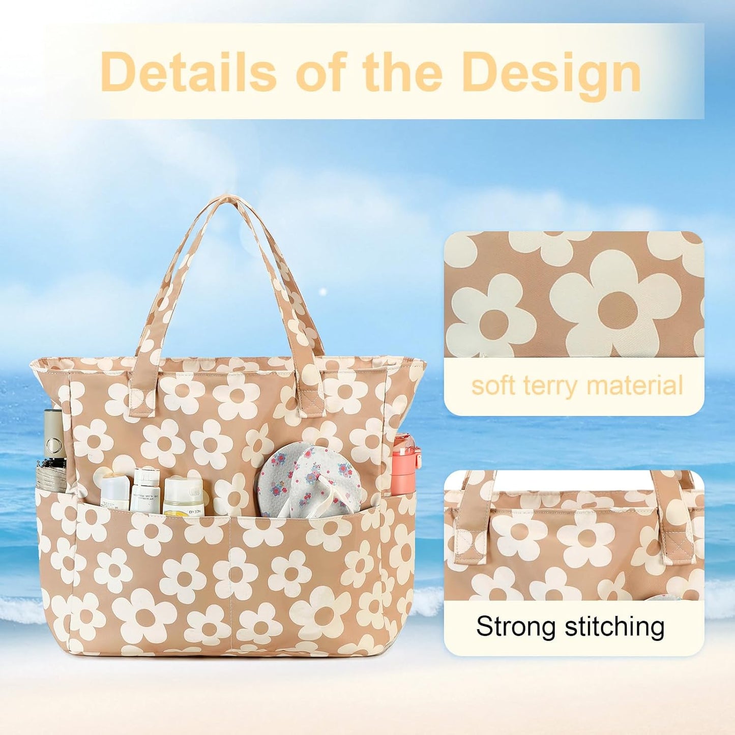 LEDAOU Large Beach Tote Bag Women Waterproof Sandproof Zipper Beach Tote Bag for Pool Gym Grocery Travel with Wet Pocket