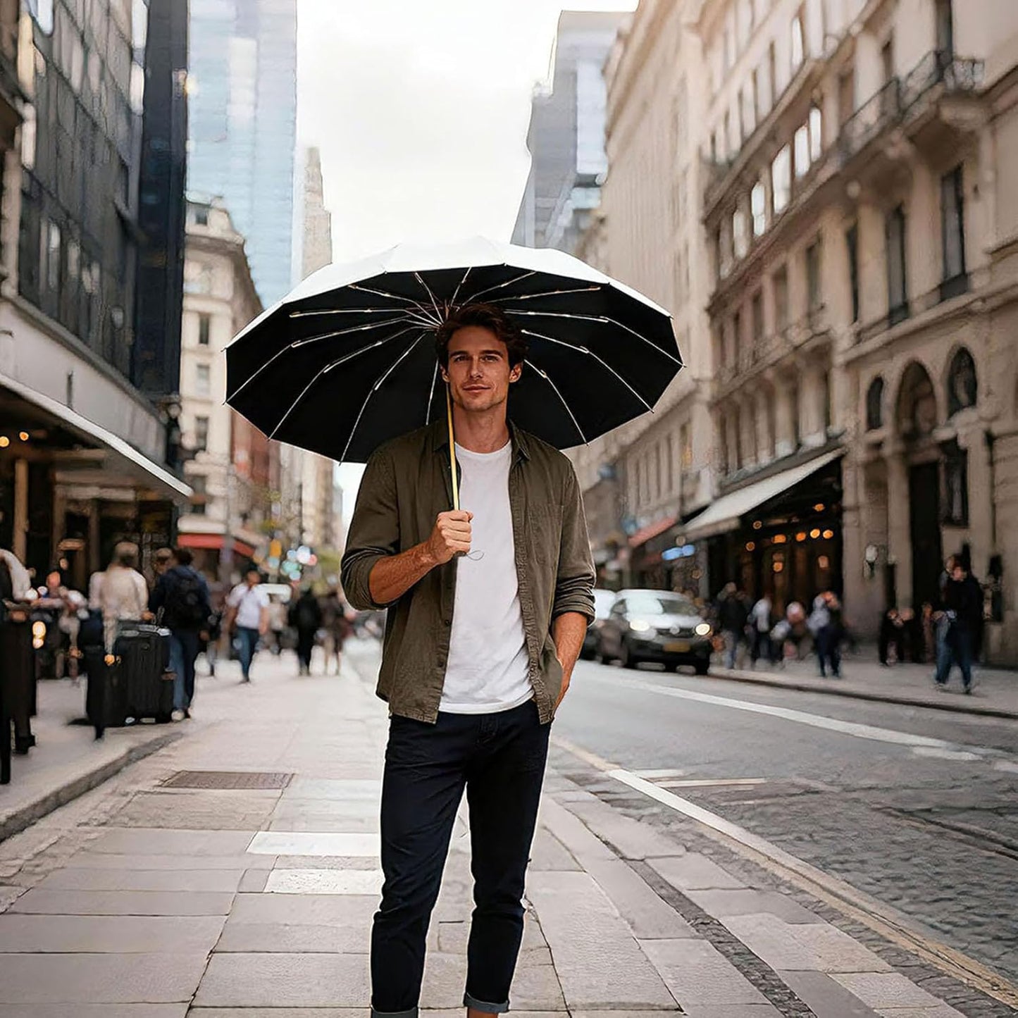 Folding umbrellas for rain and sun UPF 50+ UV Protection Windproof waterproofing and Strong Travel Essentials for Men Women 16 Ribs Wooden Handle Black Umbrella