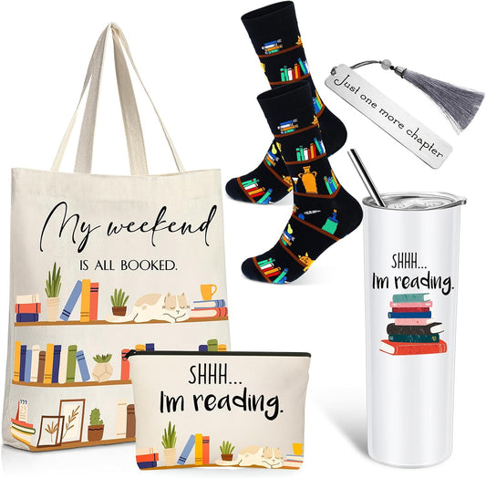 Silkfly 5 Pcs Book Lovers Gifts Set, Gifts for Book Lovers, Includes 20 oz Tumbler Socks Bookmark Tote Bag and Cosmetic Bag