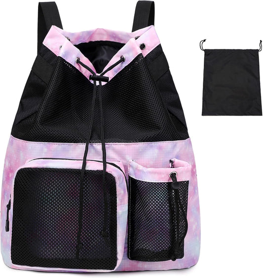 Lohol Large Mesh Drawstring Backpack with Shoe Bag, Durable Swimming String Sack with Handle for Sports Gym Yoga Beach Travel