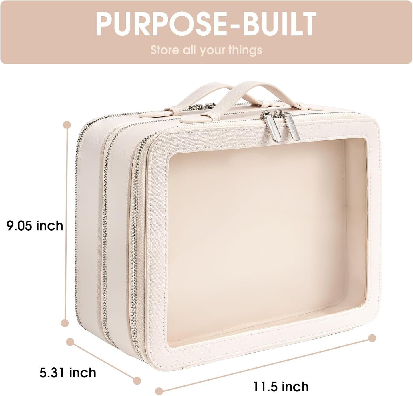 Clear Makeup Bag,Large Toiletry Case for Women,PU Leather Travel Cosmetic Bag,Detachable Makeup Case,Double Compartment Make up Organizer