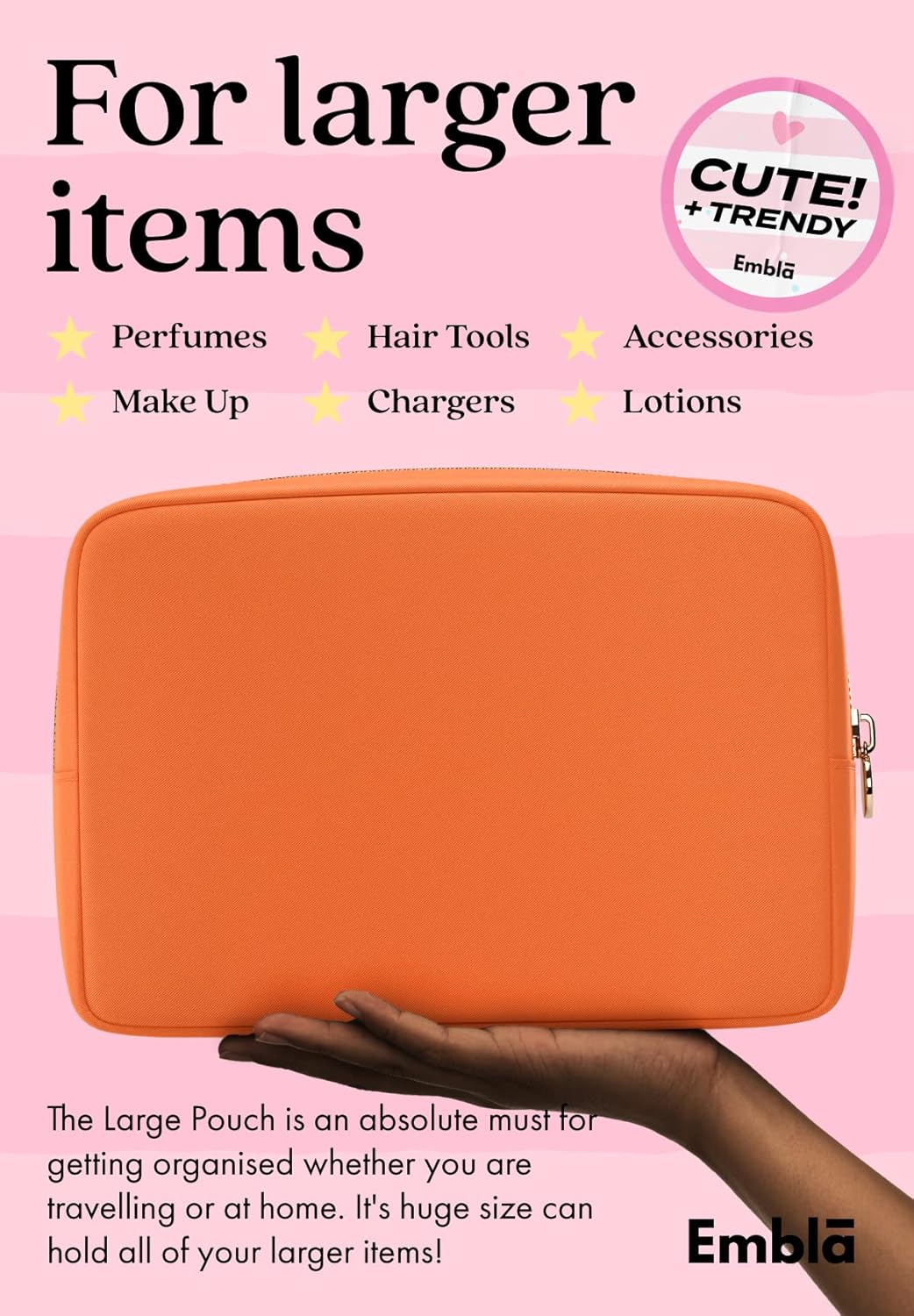 Embla Makeup Bag Travel Cosmetics Pouch and Toiletry Bag, Nylon Zipper Pouch Purse, Cute Make Up Organizer Storage Tote for Women Girls, Waterproof Travel Skincare Case, Large Makeup Bags, Peach