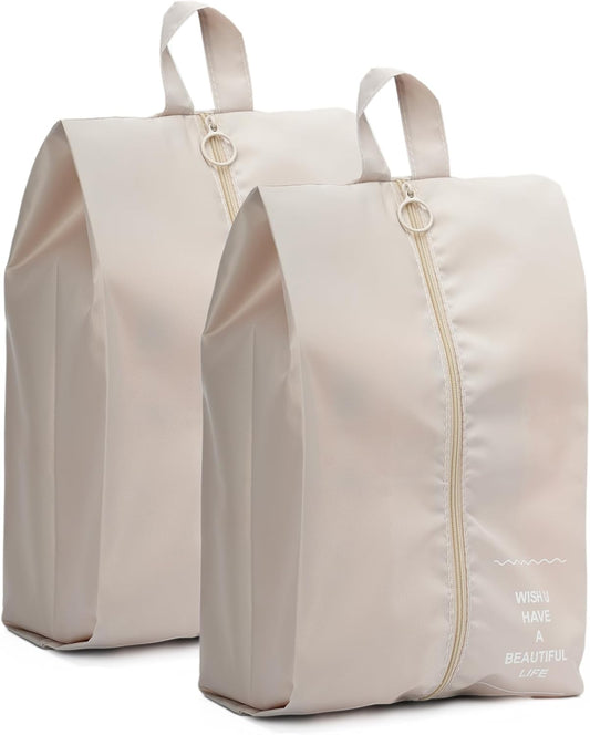 Shoe Bags for Travel, 2 Pack Large Multi-color Shoe Bags for Men Women, Waterproof Portable Shoe Organizer bag with Sturdy Zipper (Beige)