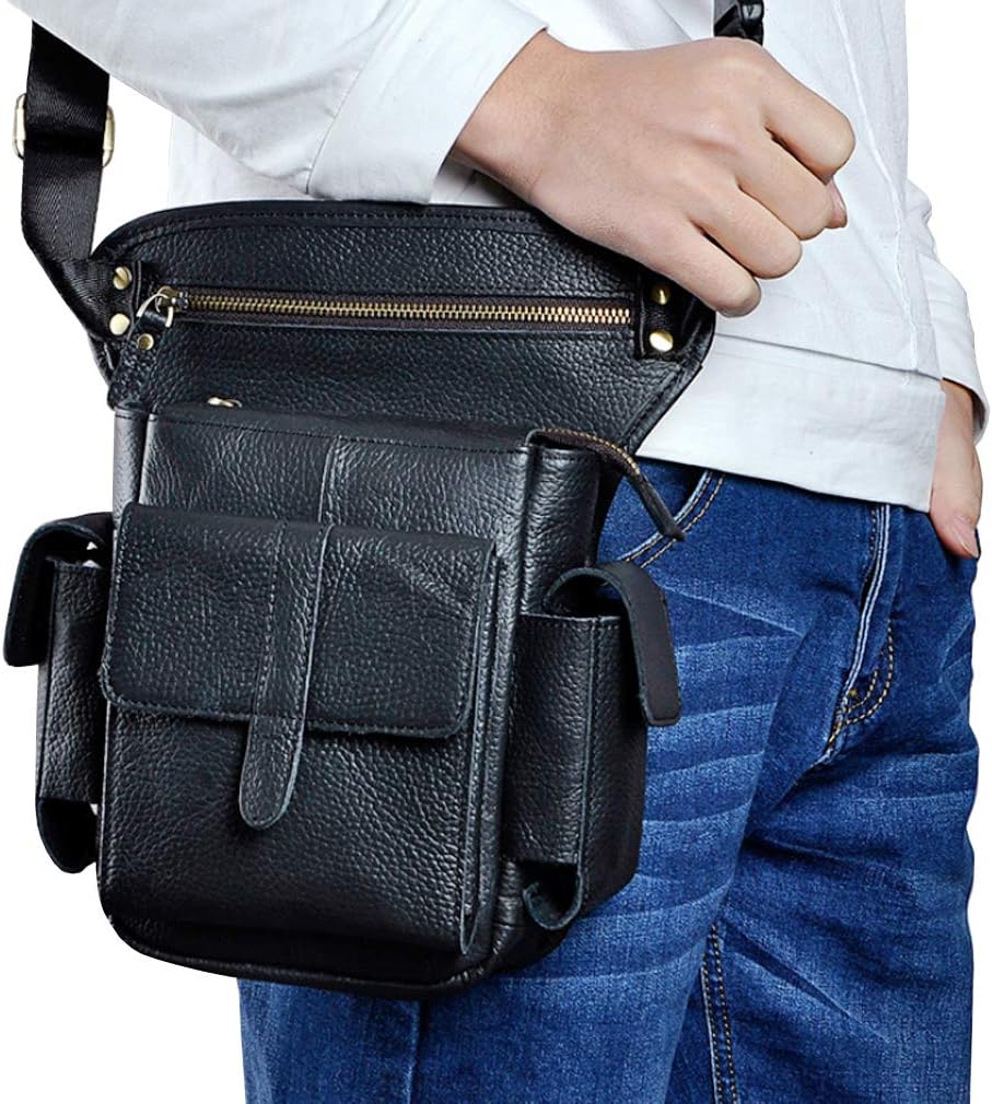 Leather Waist Pack Drop Leg Bag for Men Women Belt Bumbag Multi-Purpose Motorcycle Bike Outdoor Sports Tactical Cycling Riding Hiking Camping Pouch