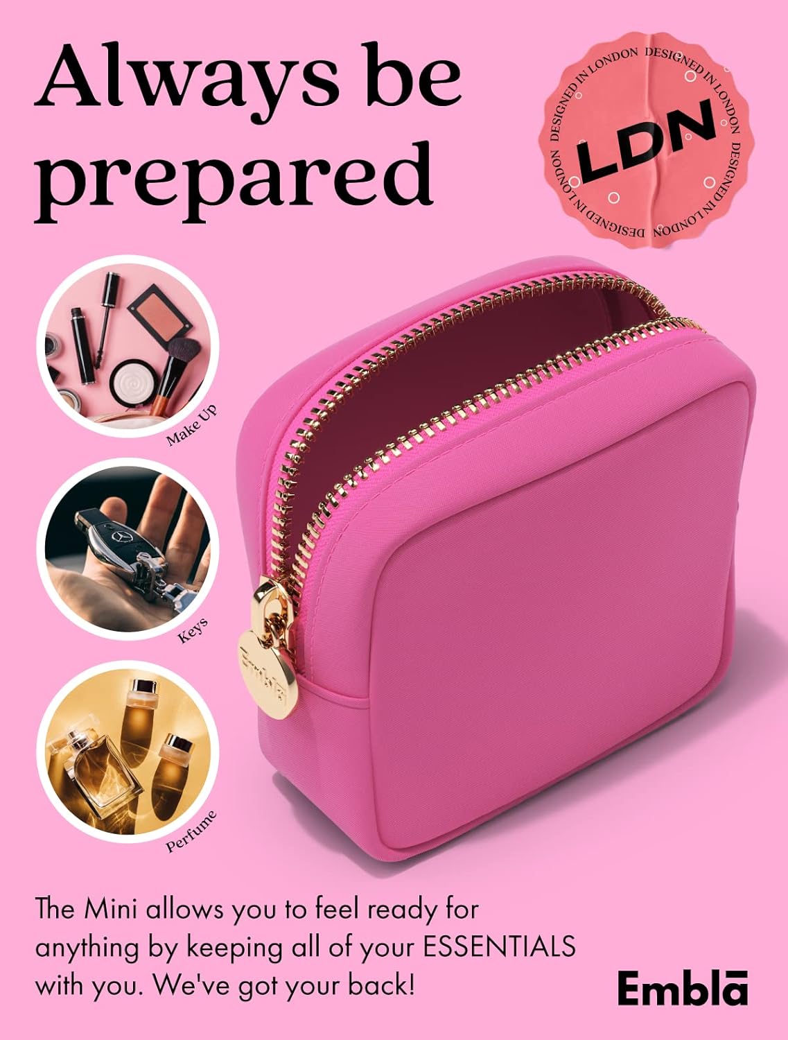 Embla Makeup Bag Travel Cosmetics Pouch and Toiletry Bag, Nylon Zipper Pouch Purse, Cute Make Up Organizer Storage Tote for Women Girls, Travel Skincare Case, Small Makeup Bags, Bubblegum