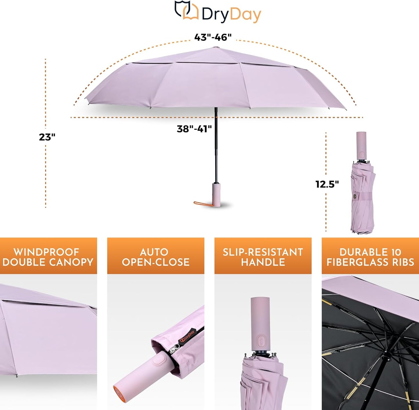 DryDay Travel Umbrellas for Rain - Large Windproof Double Canopy Umbrella, 10 Durable Ribs, Strong Frame, Auto Open Close Ergonomic Handle, Compact Waterproof Umbrella for Women & Men