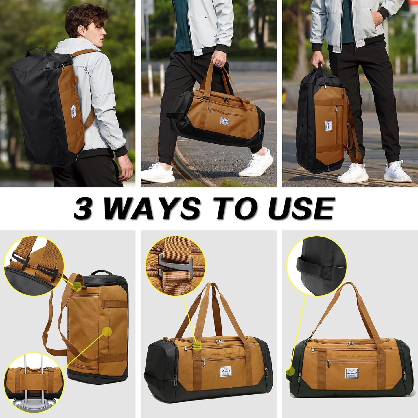 Laripwit Travel Duffle Bag for men 40L Medium Sports Gym Bag with Wet Pocket & Shoes Compartment Weekender Overnight Backpack for Traveling Duffel Bag Backpack for Women, Brown