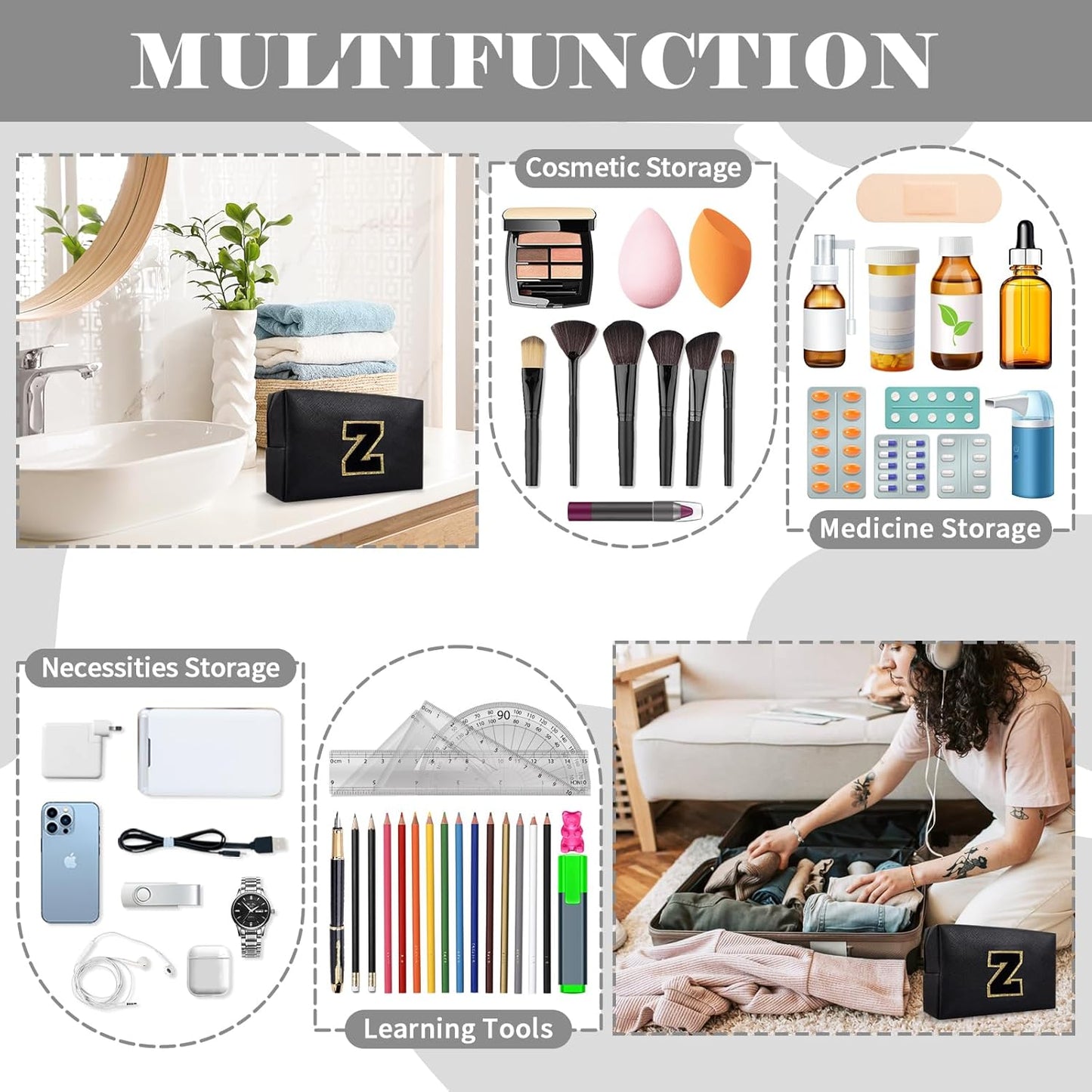 Personalized Initial A-Z Preppy Patch Makeup Bag,Small PU Chenille Letter Cosmetic Bag with Zipper for Teen Girls,Black Cute Toiletry Organizer Bag,Monogram Makeup Case Gift for Women Girls,Letter Z