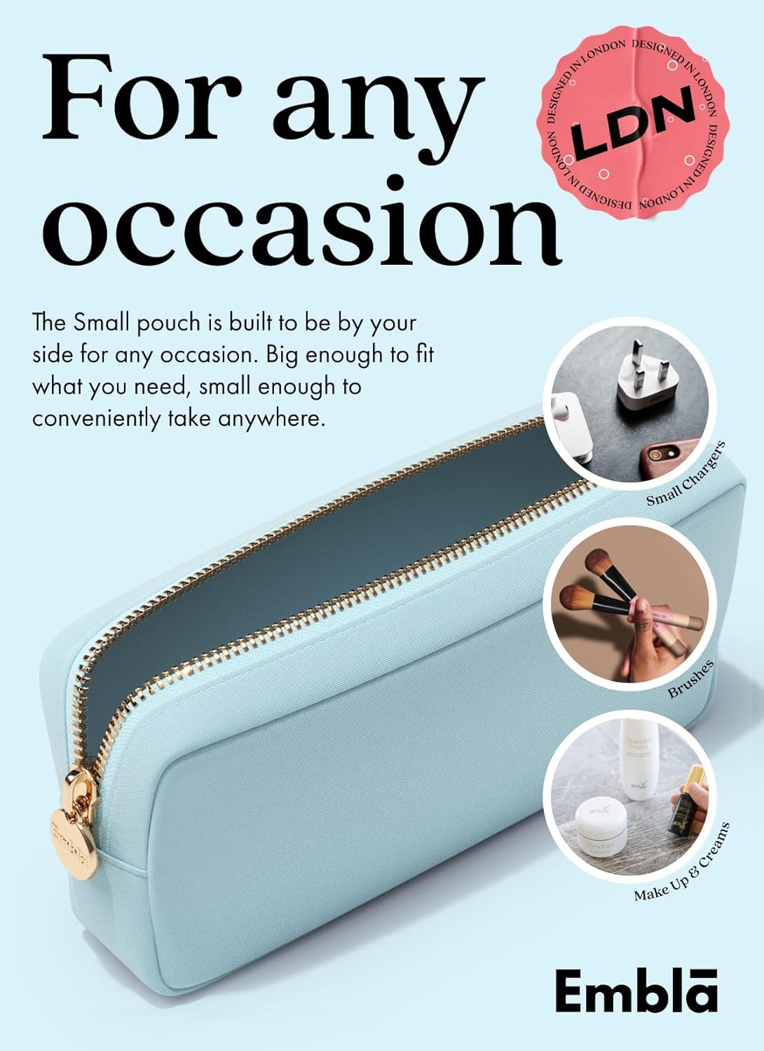 Embla Makeup Bag Travel Cosmetics Pouch and Toiletry Bag, Nylon Zipper Pouch Purse, Cute Make Up Organizer Storage Tote for Women Girls, Waterproof Travel Skincare Case, Small Makeup Bags, Sky Blue