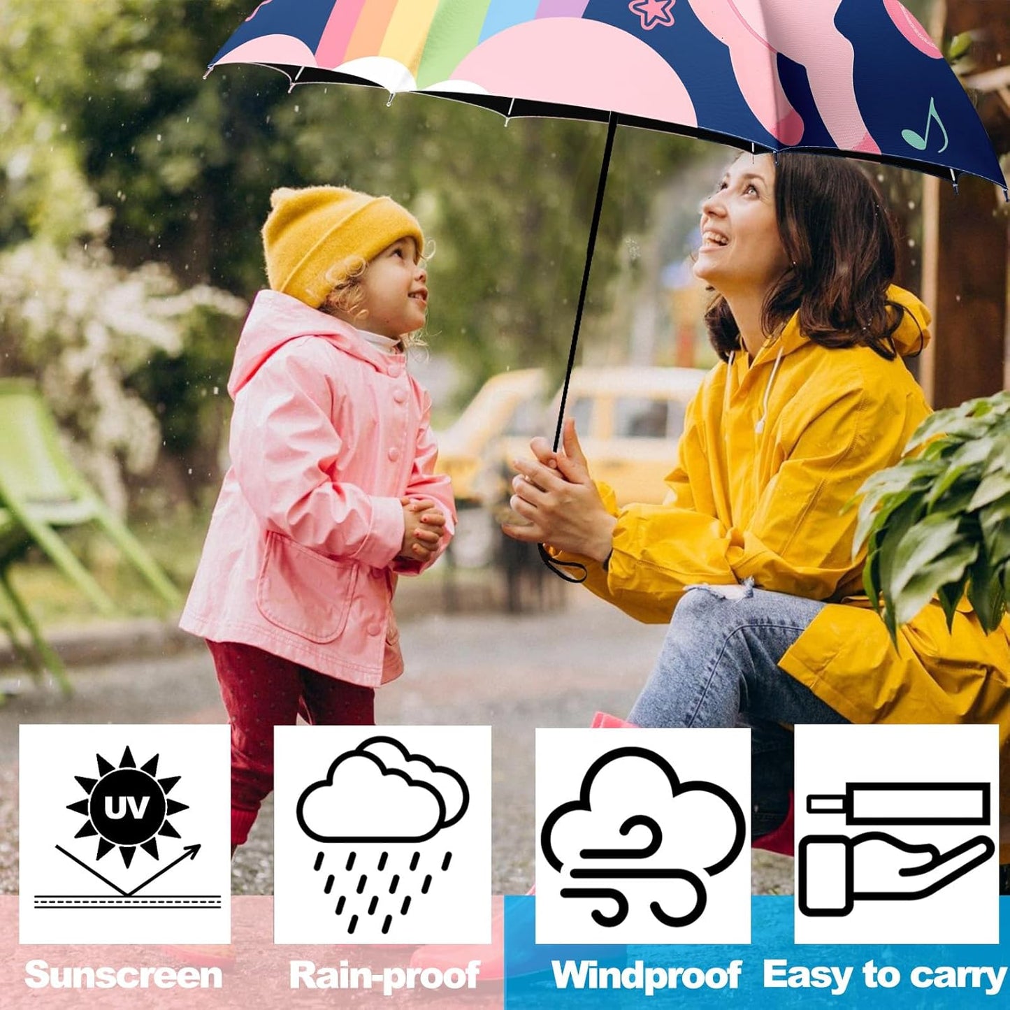 Small Travel Folding Umbrella for Girl, Portable, UV, SunShade, Compact, Automatic, Rain & Wind