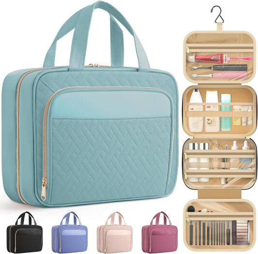 HOTOR Travel Toiletry Bag for Women & Men, Waterproof Makeup Bag with Hanging Hook and Multiple Pockets, Cosmetic Bags for Women, Travel Essentials, 11.2'' x 3.2'' x 8.9'', Light Blue