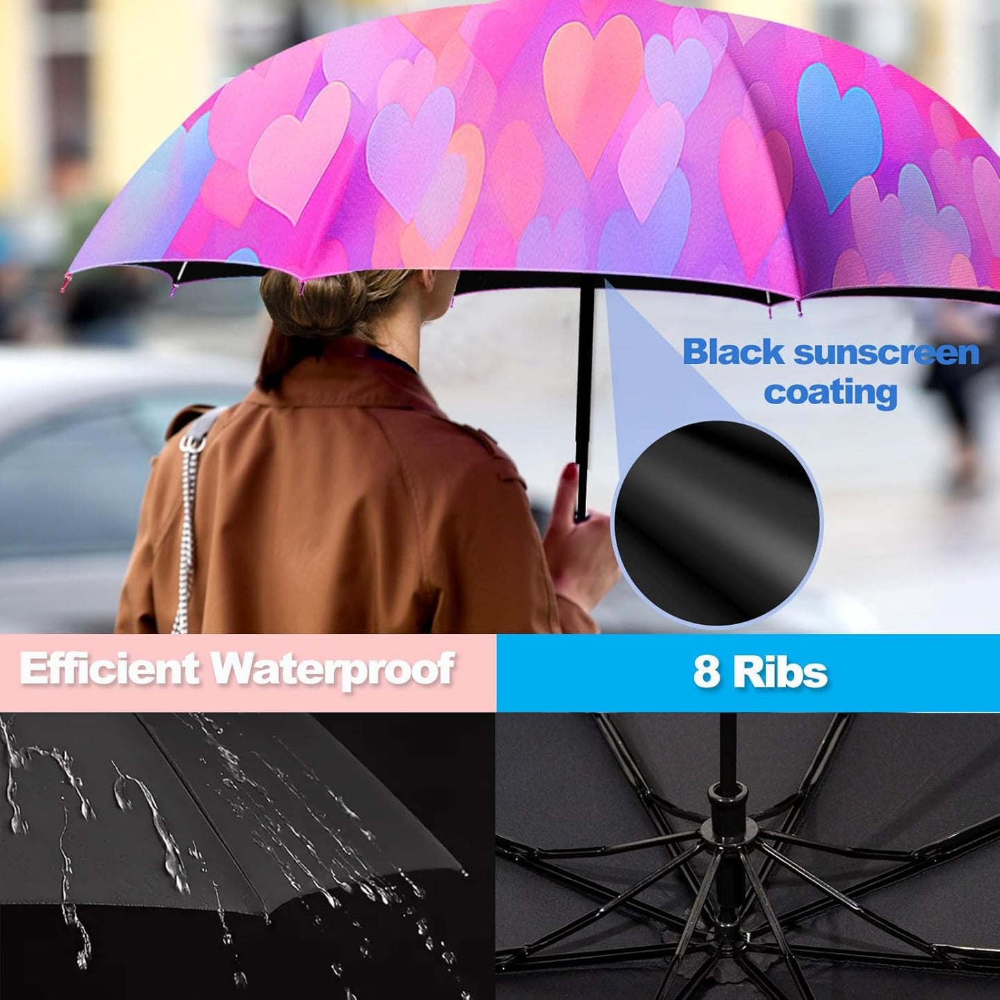 Small Travel Folding Umbrella for Girl, Portable, UV, SunShade, Compact, Automatic, Rain & Wind