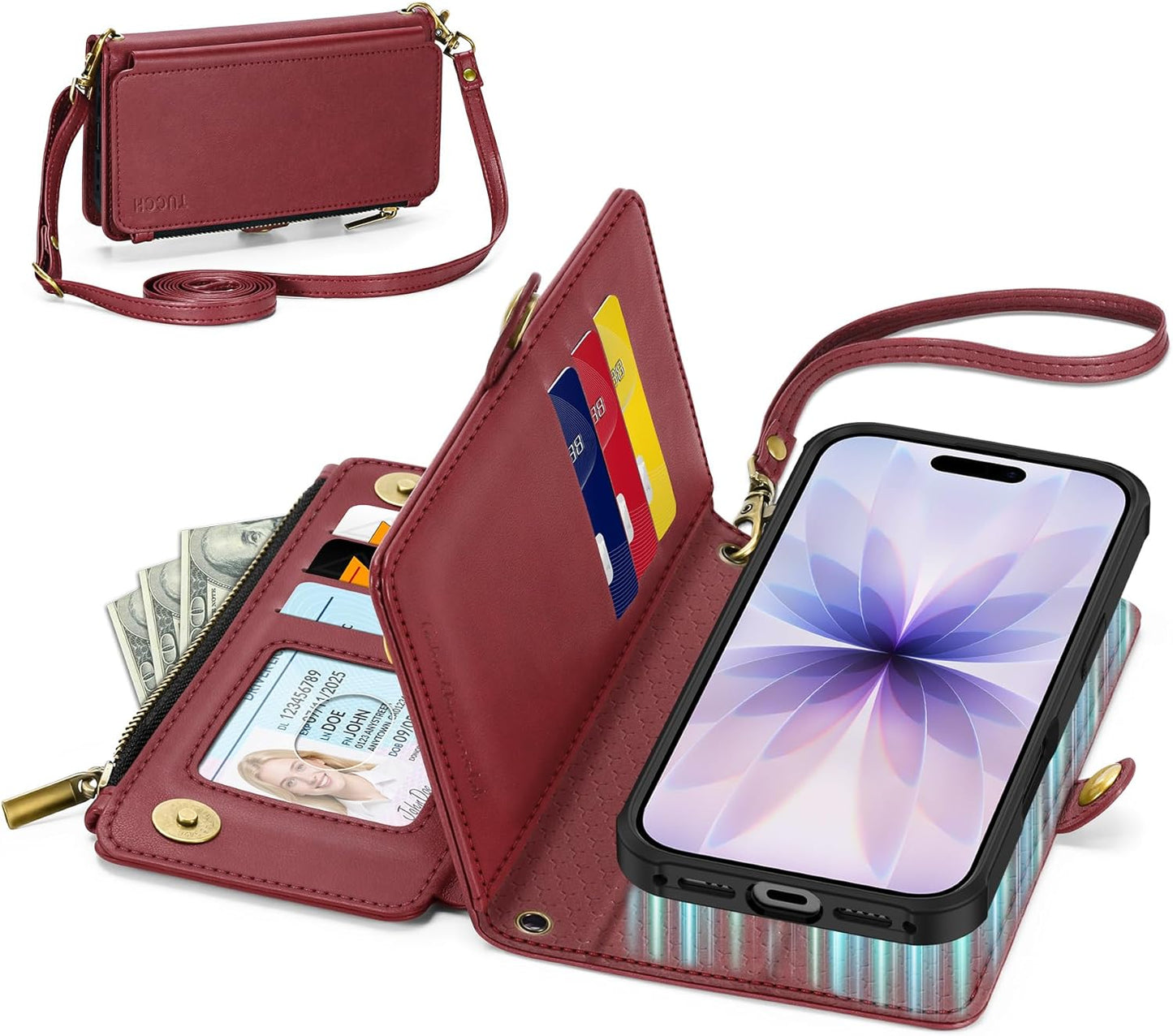 TUCCH Detachable Crossbody Case Wallet for iPhone 17 (6.3"), Wireless Charging | RFID Blocking 9 Card Holders | Lanyard | Wrist Strap | Stand | Zipper Pocket | PU Leather | Magnetic Cover | Dark Red