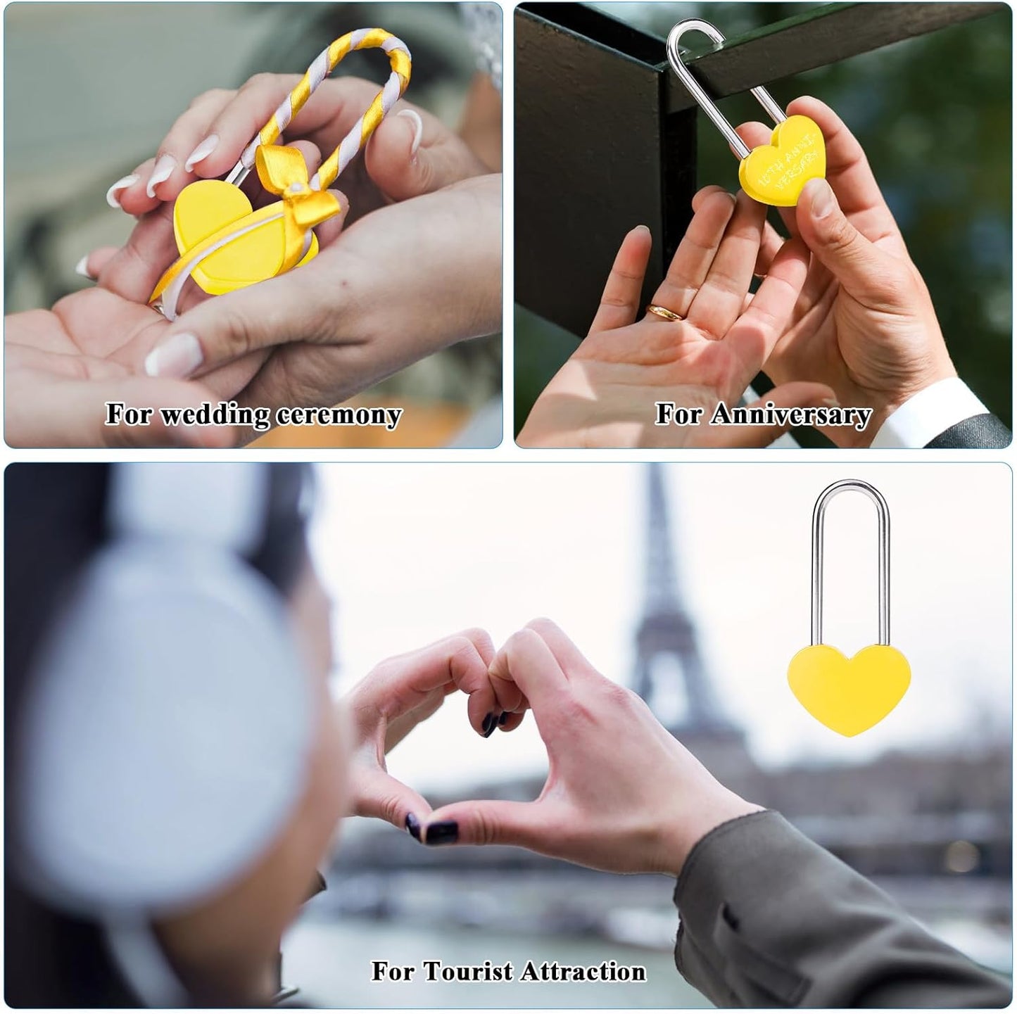 10PC 3.5" 50mm Love Lock Heart Padlock,Yellow Single Heart Wish Lock for Lovers Wedding,Valentines,Anniversary,Travel, Valentines Day, Bridge(NO Key)