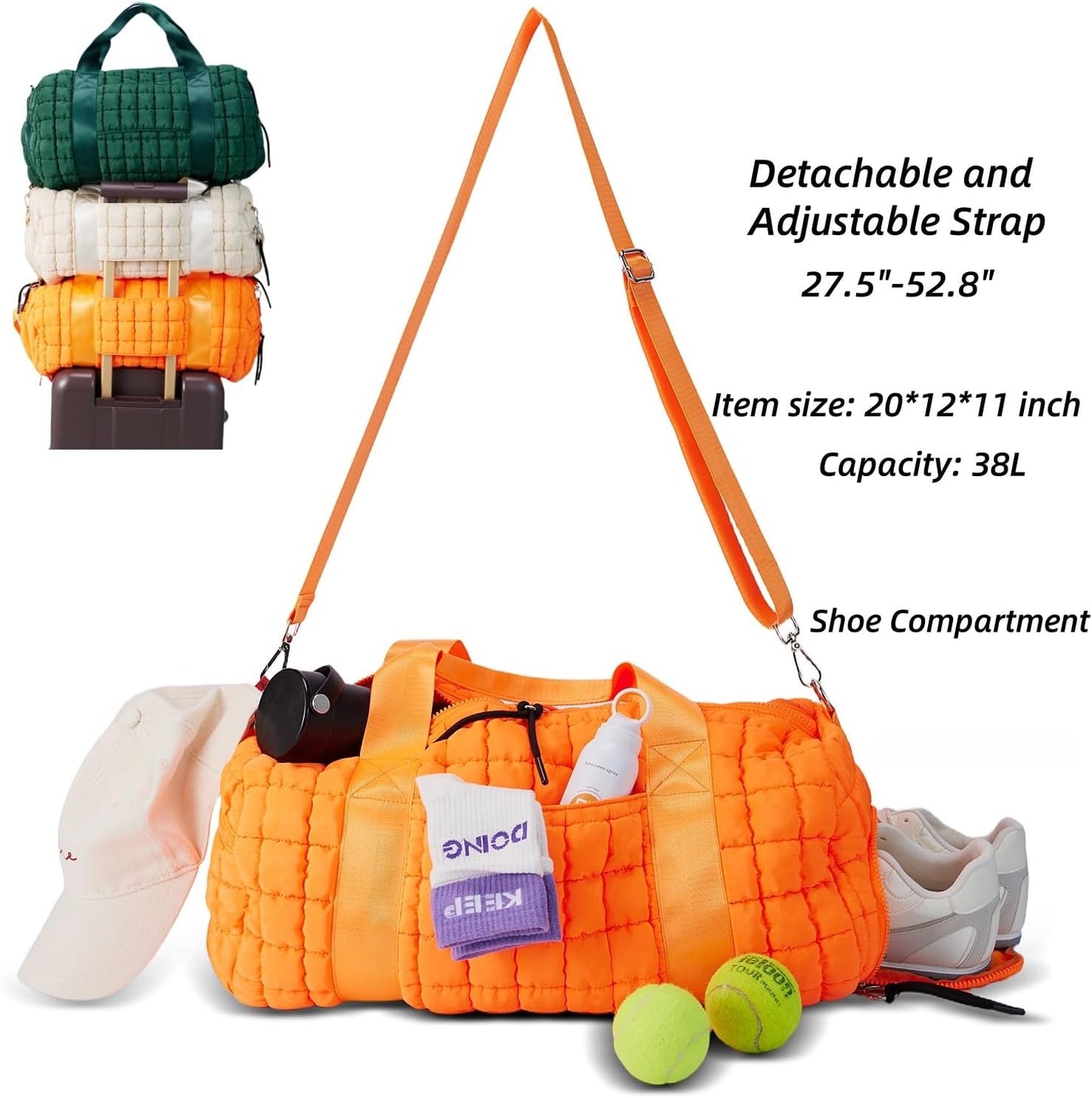 Quilted Duffel Gym Bag for Men and Women Carry On Travel Sport Weekender Bag, Light Green