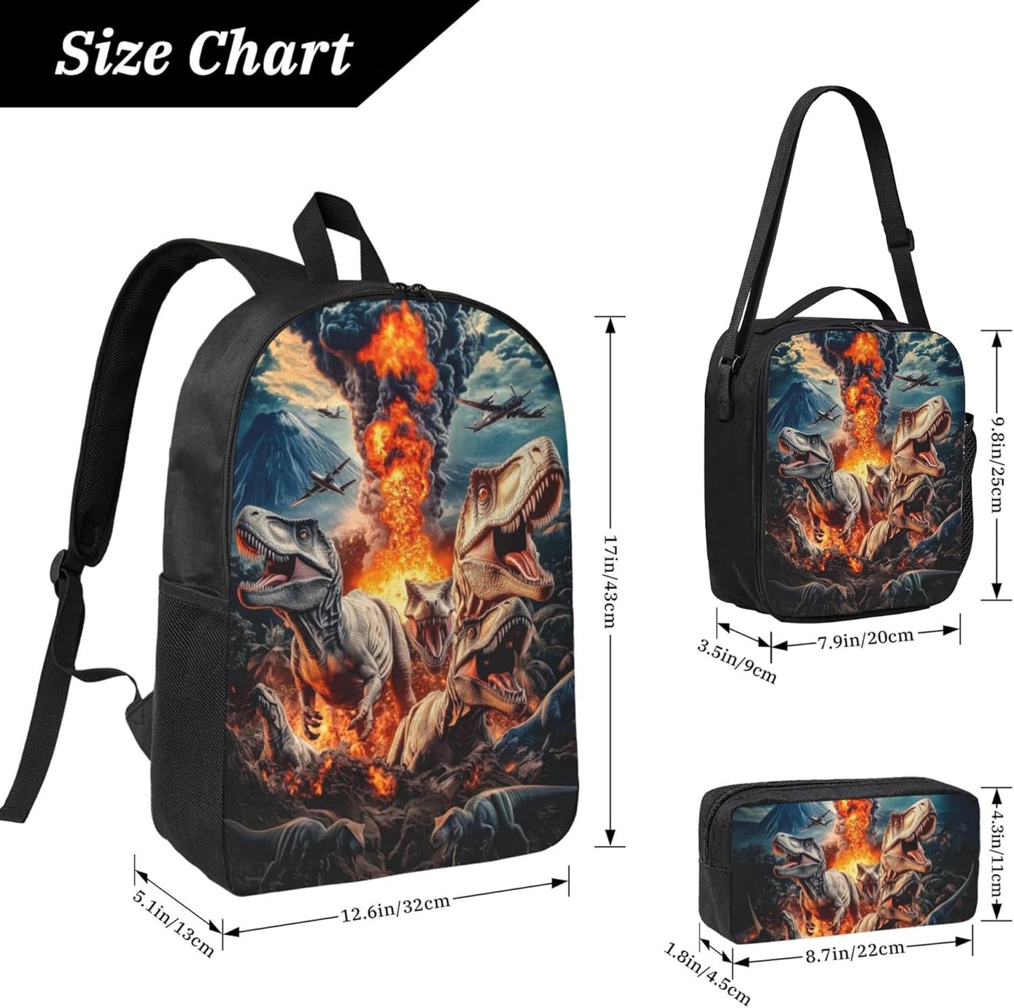 Dinosaur Kid Backpack Set with Lunch Bag & Pencil Case Large Capacity School Bag 17 Inch Bookbag for Boy Girl