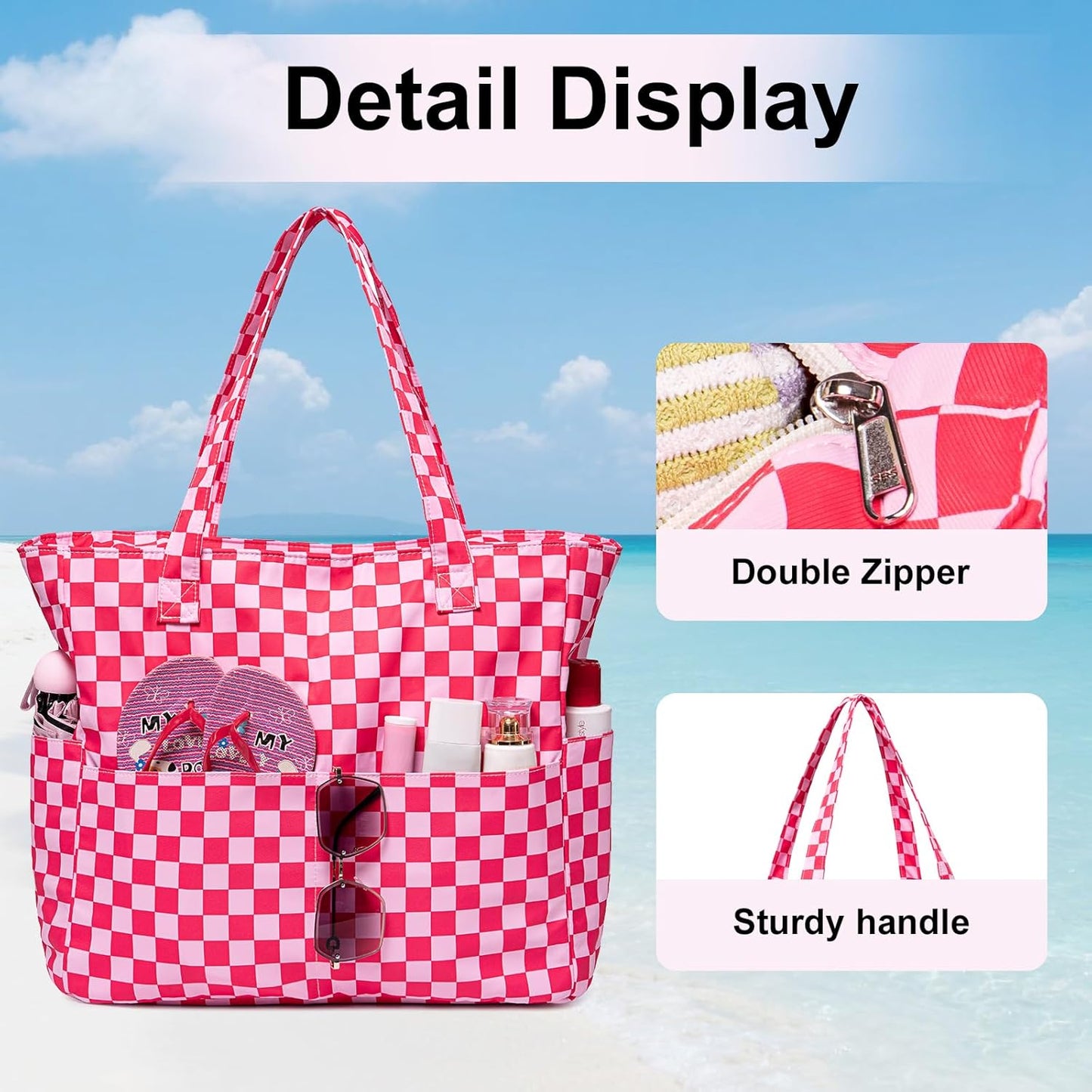 LEDAOU Large Beach Tote Bag Women Waterproof Sandproof Zipper Beach Tote Bag for Pool Gym Grocery Travel with Wet Pocket
