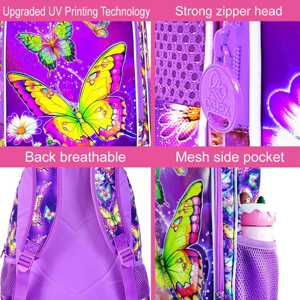 16" Butterfly Backpack for Girls, 3Pcs Kids School Backpacks with Lunch Box, Bookbag for Elementary Preschool Kindergarten(Purple)