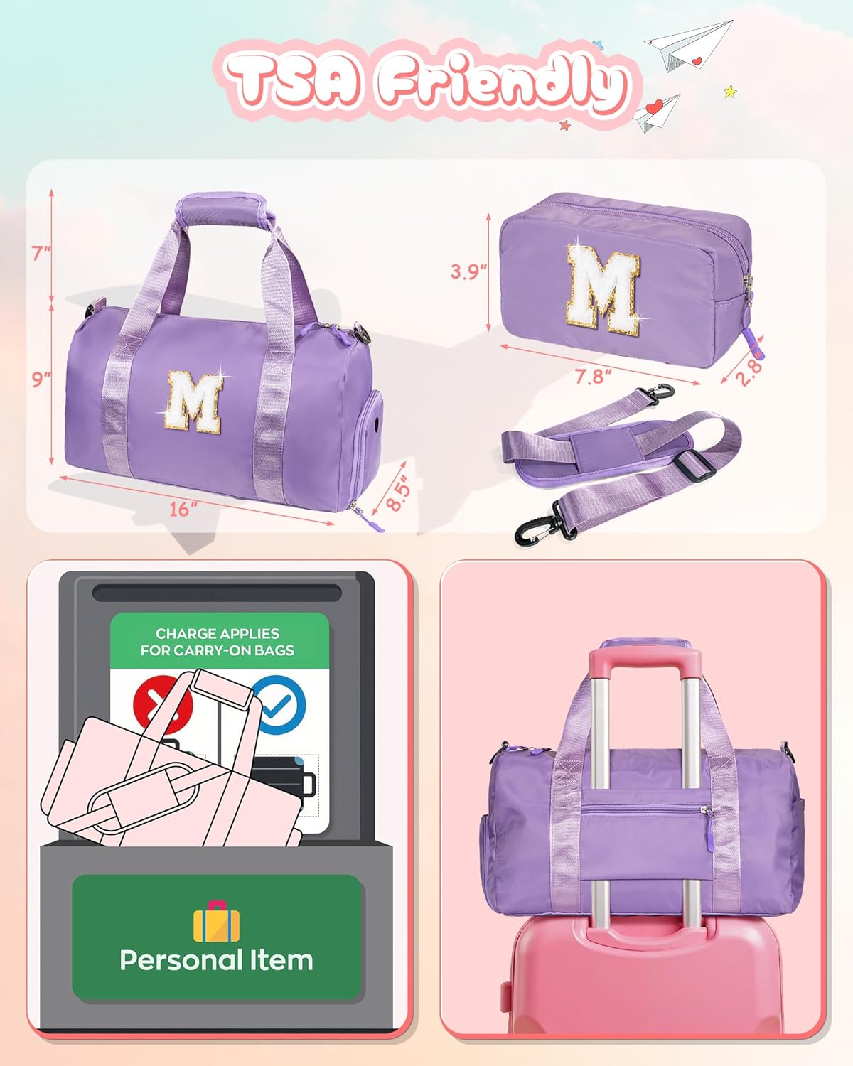 Girls Gifts 9-10 Year Old-Girl Gym Bag with Shoe Compartment, Kid Personalized Weekender Overnight Bags, Initial Travel Tote with Makeup Pouch, Kids Easter Gift (Letter V)