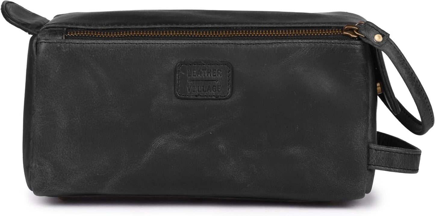 LEATHER VILLAGE Premium Leather Travel Toiletry Bag - Unisex Water-Resistant Travel Dopp Kit, Shaving & Cosmetic Organizer for Men & Women - Compact Bathroom Essentials - Distressed Black