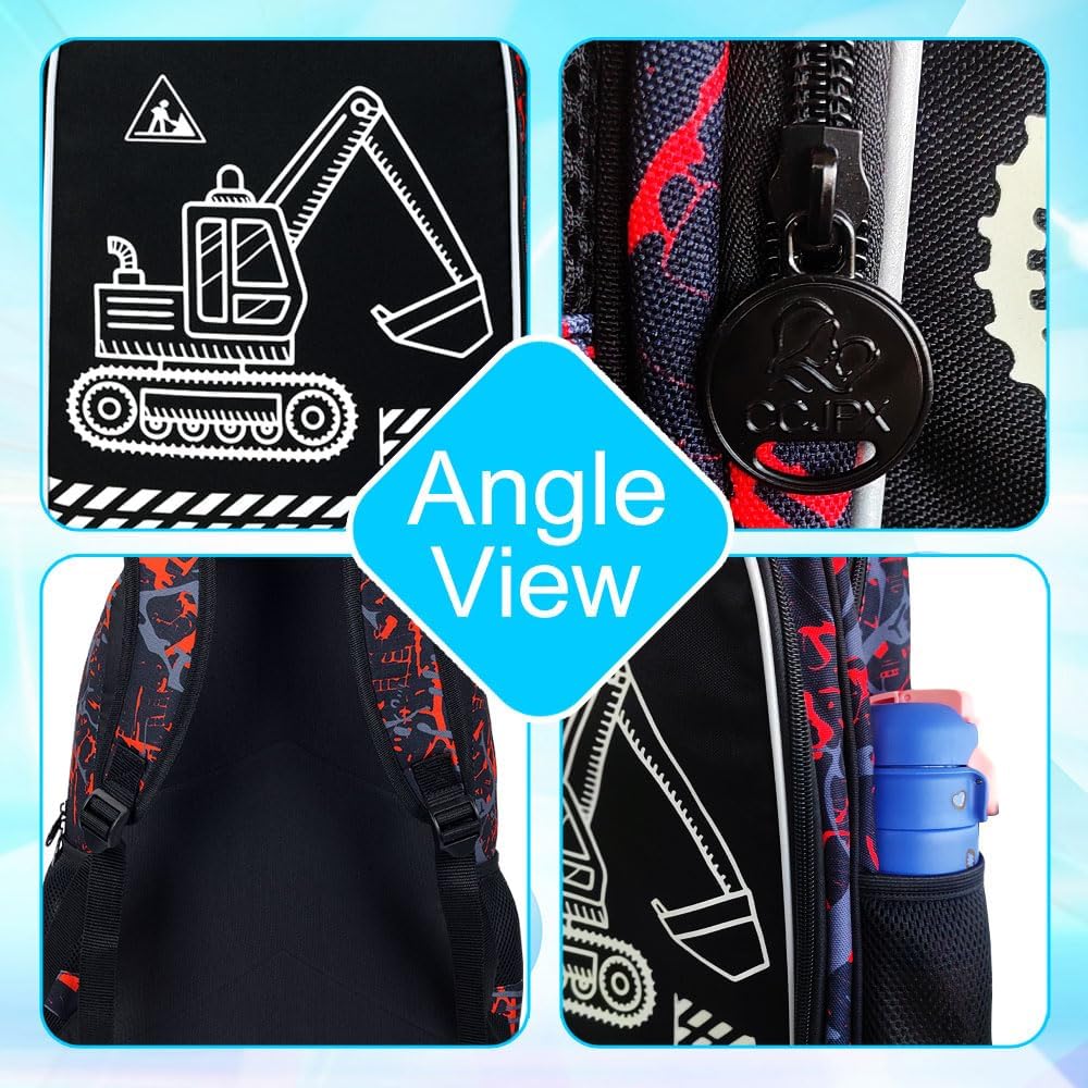 17 Inches Glow in The Dark Excavator Backpack for Boys, 3Pcs Digger School Bookbag Set for Teens, Laptop Backpacks with Lunch Bag(Red)