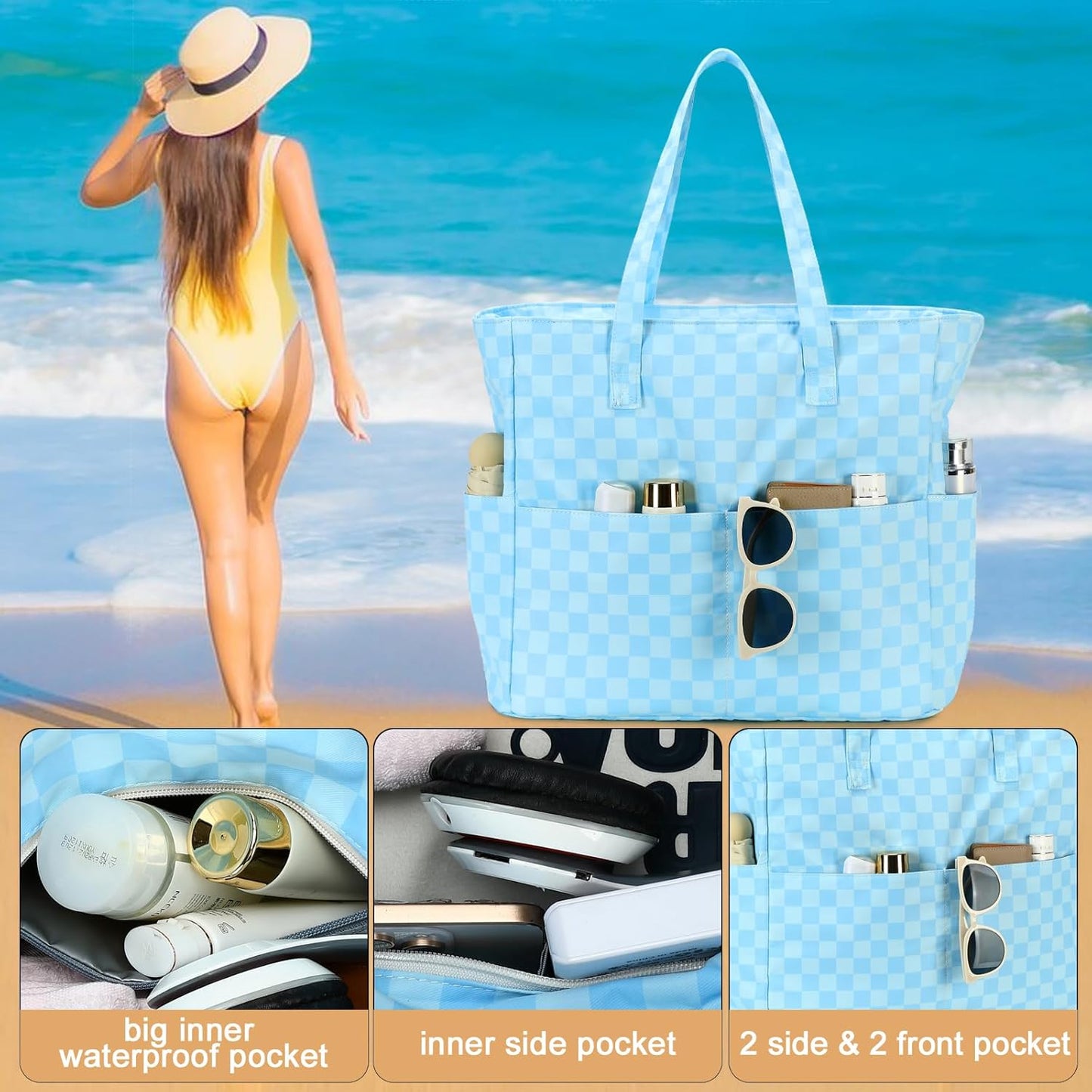 LEDAOU Beach Bag Waterproof Sandproof Women Tote Bag Pool Bag with Zipper for Gym Grocery Travel with Wet Pocket