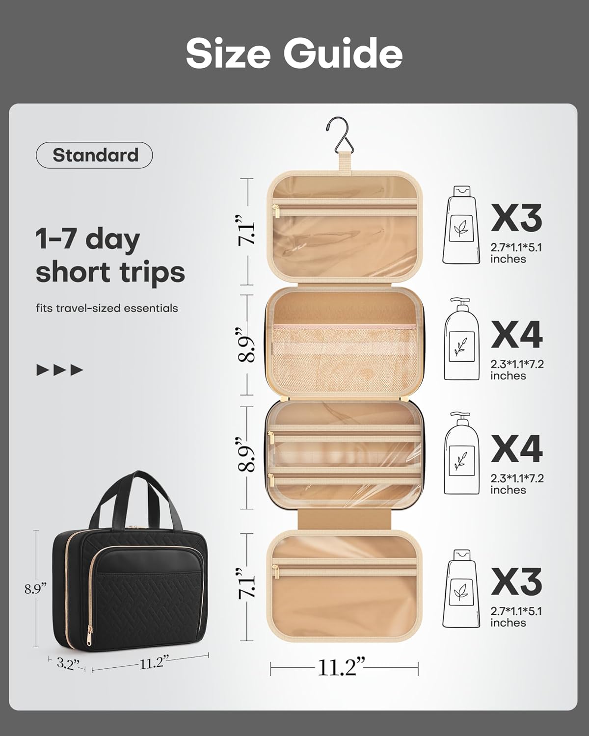 HOTOR Travel Toiletry Bag for Women & Men, Waterproof Makeup Bag with Hanging Hook and Multiple Pockets, Cosmetic Bags for Women, Travel Essentials, 11.2'' x 3.2'' x 8.9'', Black