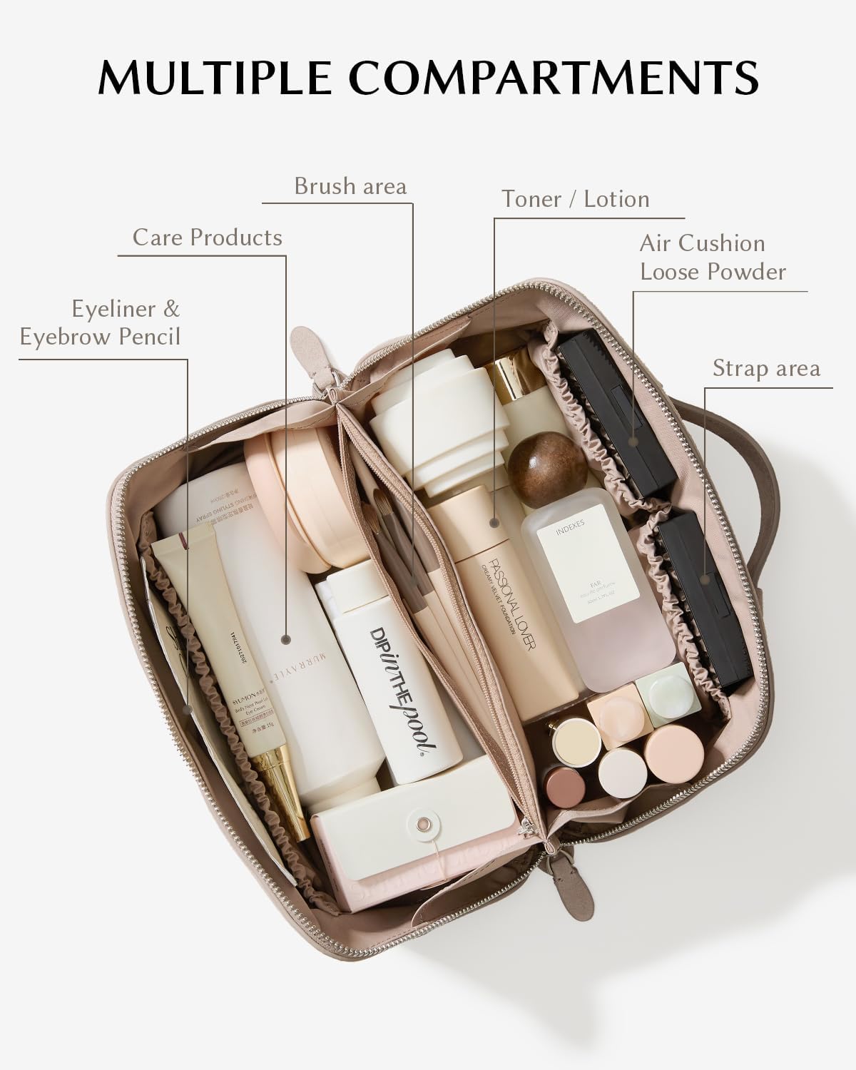 EACHY Leather Makeup Bag, Portable 180° Wide-Open Flat Cosmetic Bag for Women, Large Capacity Make Up Organizer Makeup Pouch with Divider and Handle