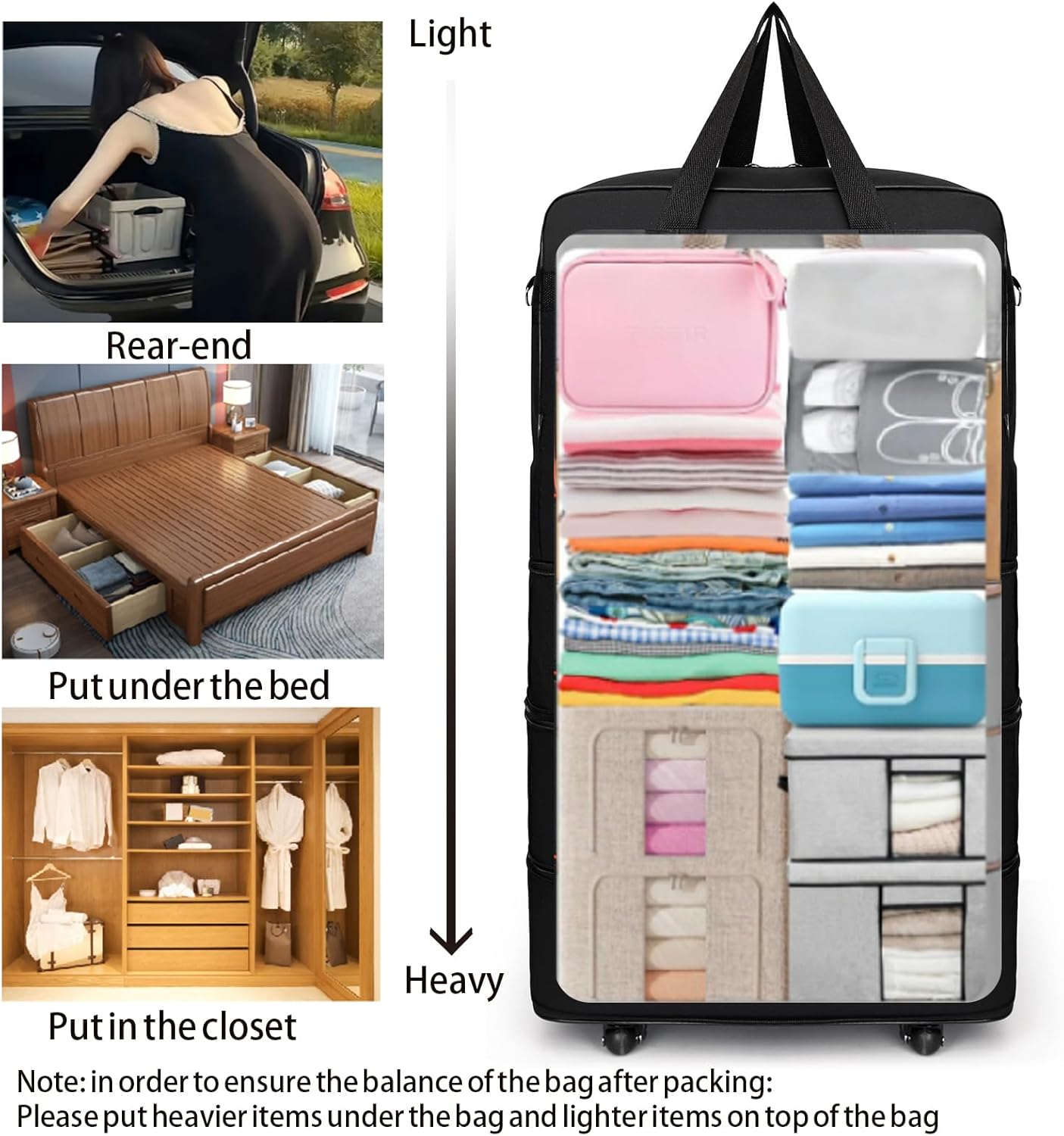 Foldable Travel Bag with Wheels, Extendable Tote Bag, Roller Expandable Luggage Compartment, Large Capacity Lightweight Luggage Bag, Waterproof for Men and Women(Black)