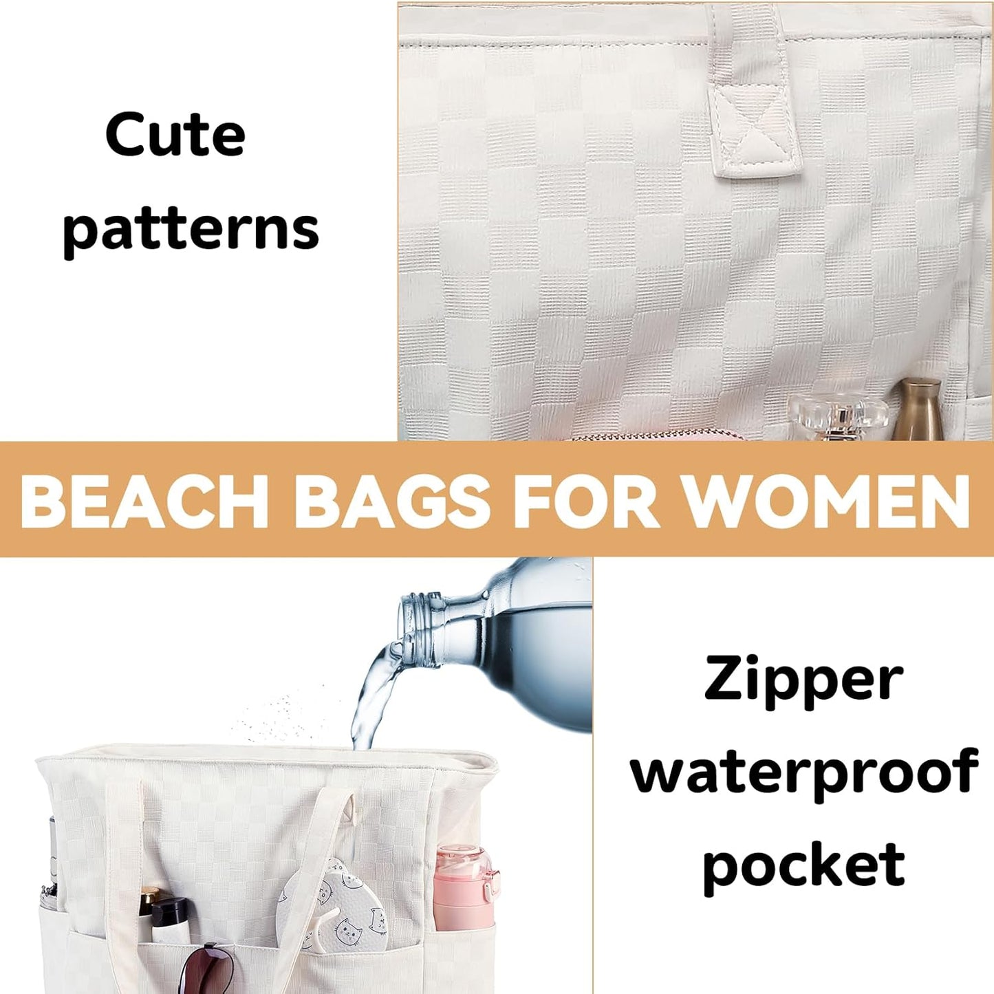 LEDAOU Beach Bag Waterproof Sandproof Women Tote Bag Pool Bag with Zipper for Gym Grocery Travel with Wet Pocket