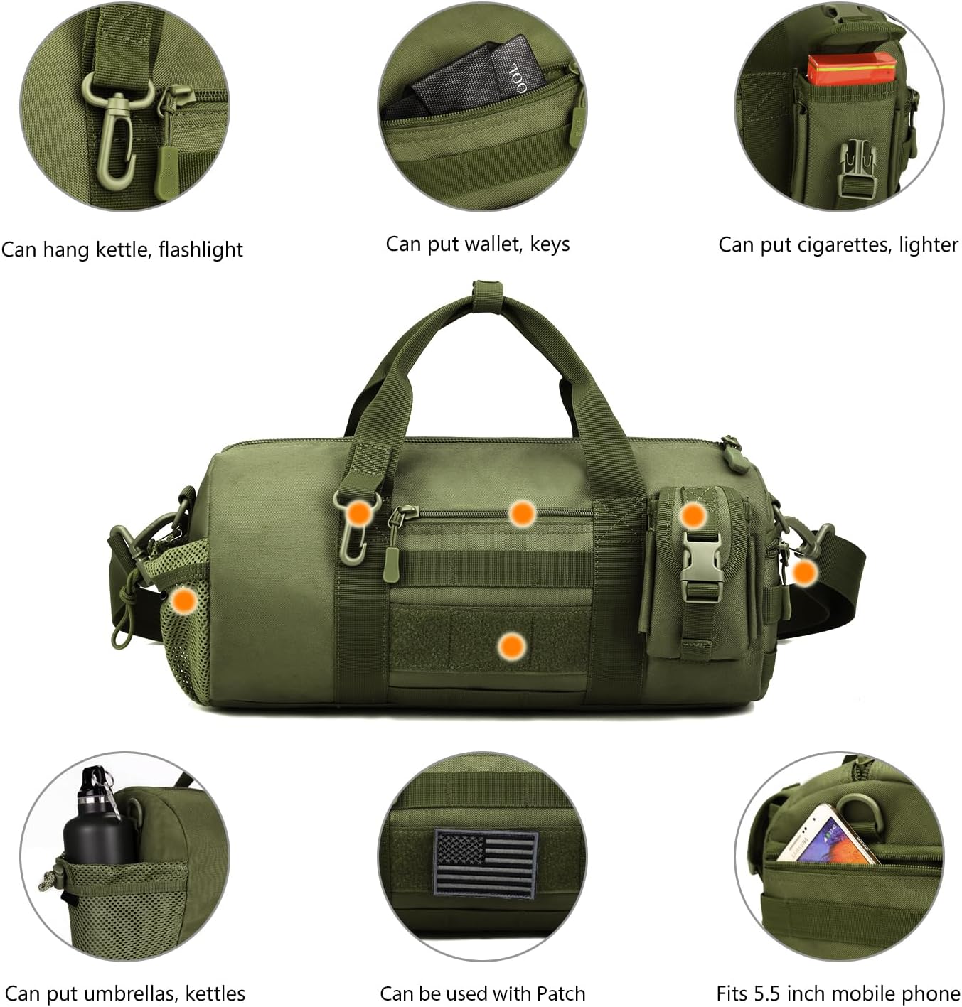 ArcEnCiel Small Tactical Duffle Bag Men Gym Pack Military Molle Shoulder Bags Shoes Storage Sports Handbag with Patch (Green)