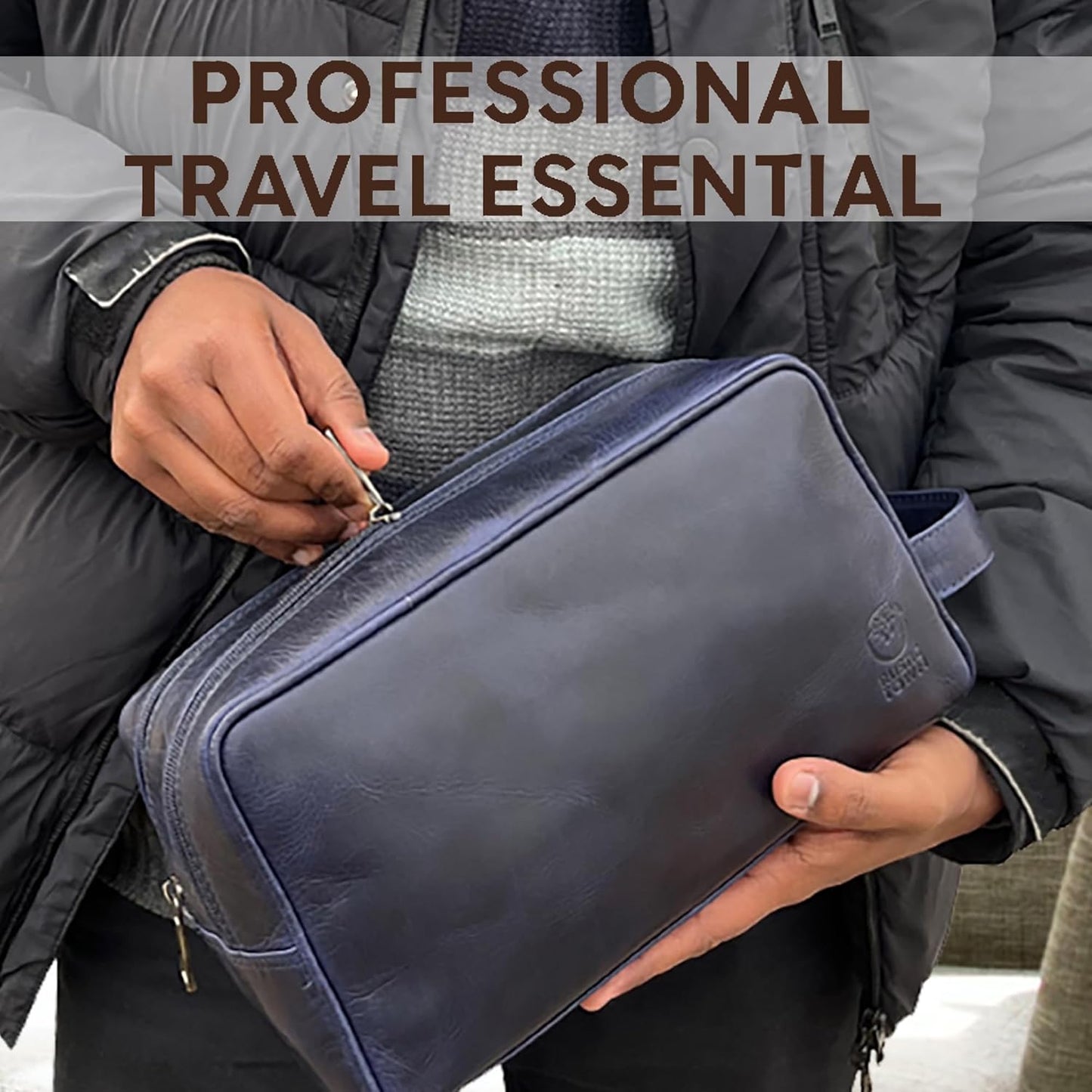 RUSTIC TOWN Leather Toiletry Bag for Men - Travel Shaving Ditty Kit - Bathroom Shower Toiletries Organizer - Leather Cosmetic Bag for Women (Oxford Blue)