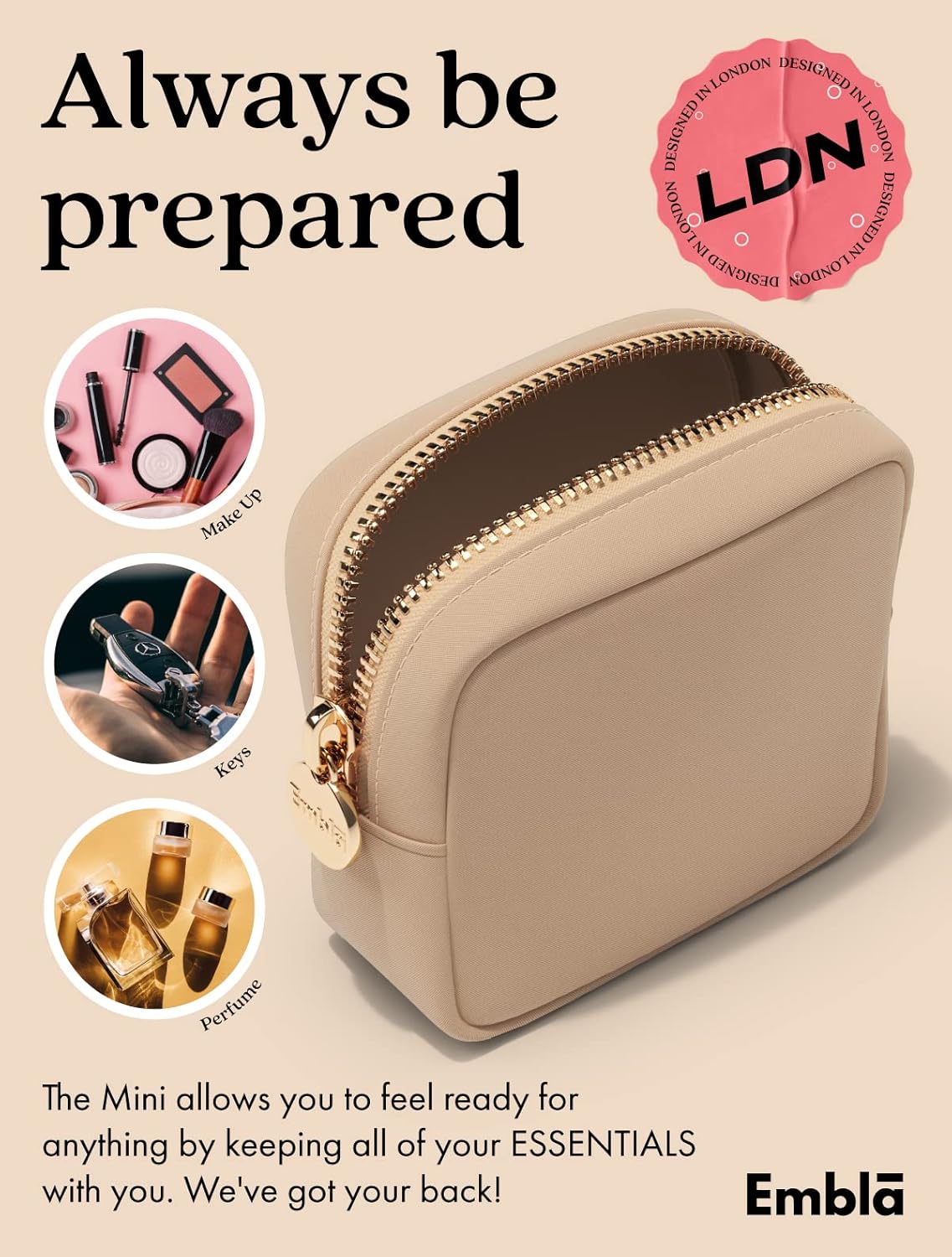 Embla Makeup Bag Travel Cosmetics Pouch and Toiletry Bag, Nylon Zipper Pouch Purse, Cute Make Up Organizer Storage Tote for Women Girls, Waterproof Travel Skincare Case, Small Makeup Bags, Sand