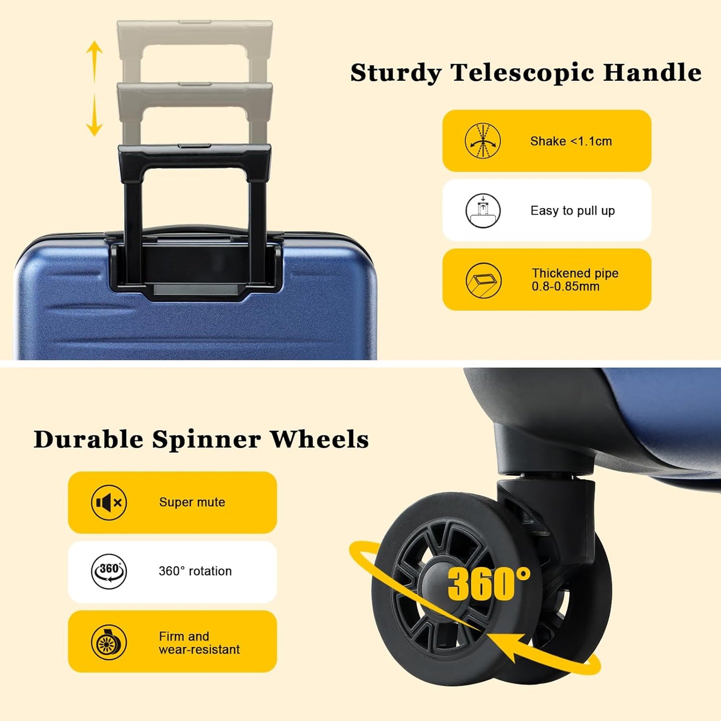 16 Inch Carry On Luggage Airline Approved, Expandable Lightweight ABS+PC Hard Shell Suitcases with 360° Spinner Wheels, TSA Lock, YKK Zippers (Navy Blue, 1 PC)