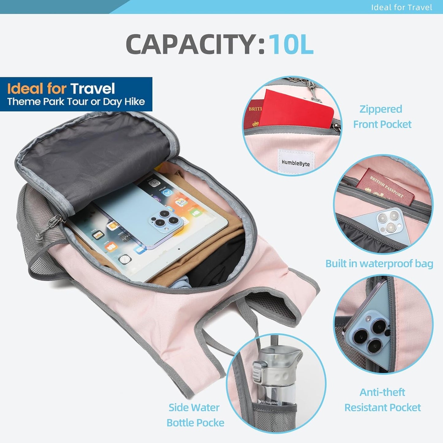 10L Lightweight Hiking Bag Small Daypack Hiking Backpack Foldable Outdoor Bag for Women(Pink)