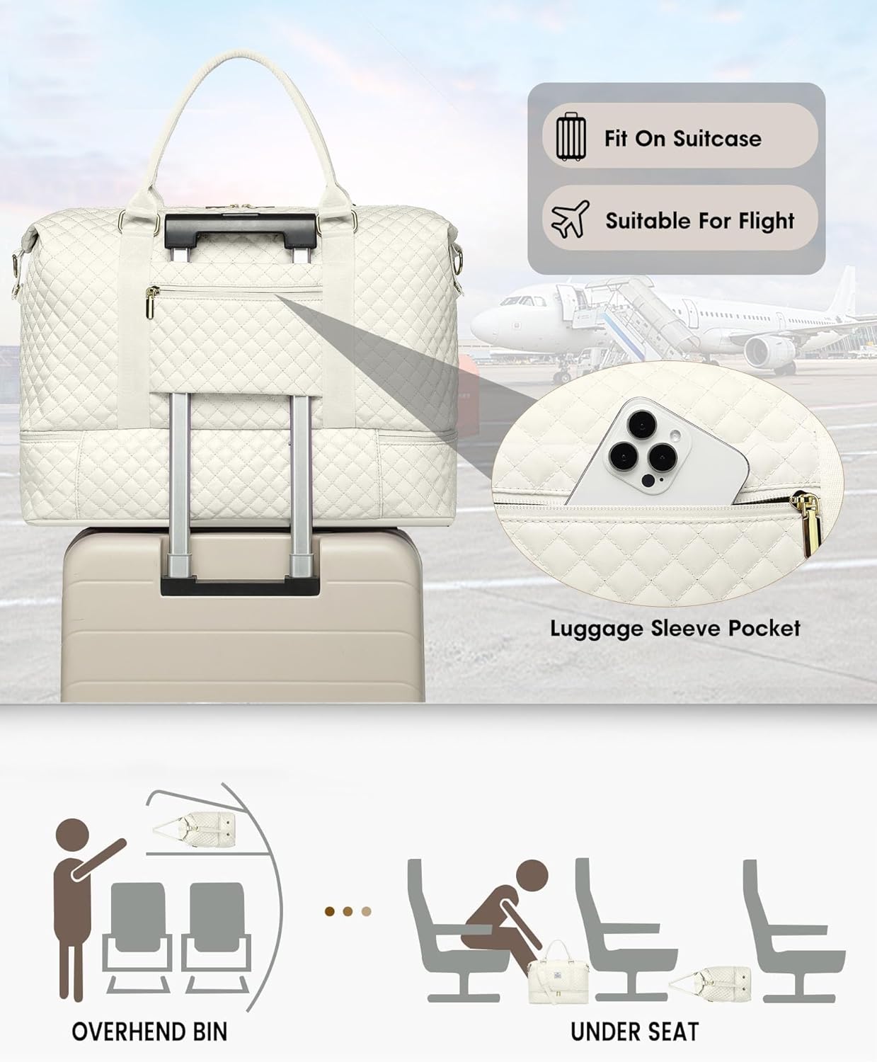 Women Weekender Travel Duffle Bag: Travel Duffel Overnight Bags with Shoe Compartment Large Carry on Tote Bag Toiletry Bag Weekend Yoga Gym Hospital Bags for Labor and Delivery with Wet Pocket Beige